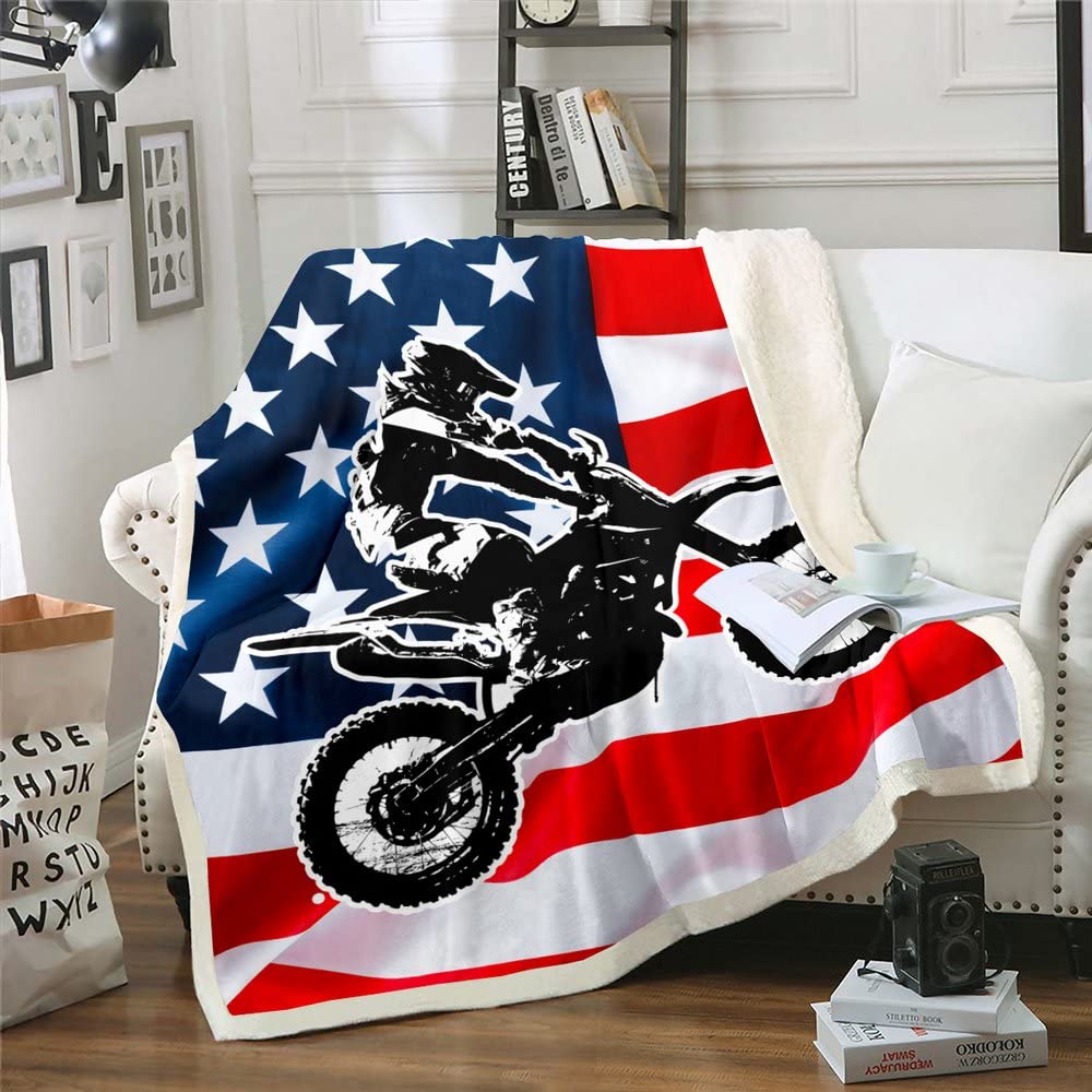 Erosebridal American Flag Fleece Throw Blanket 40x50 Inches - Red White Stripes Stars Sherpa Blanket for Kids Boys Teens, Soft Microfiber Motocross Extreme Sports Blanket, Perfect for Couch Chair Decor, Bedroom & Outdoor Camping