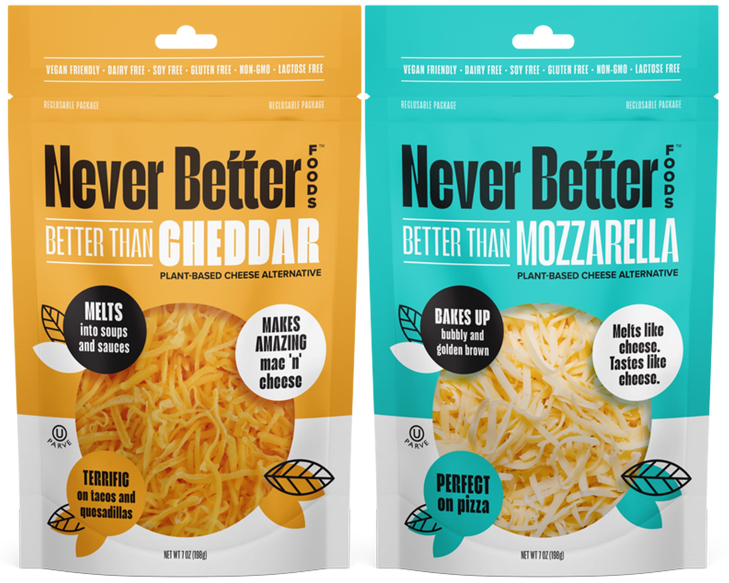 Vegan Cheese Variety Pack - Dairy Free Mozzarella & Cheddar Shreds (7 oz Bags) | Plant Based, Lactose Free, Low Fat, Allergen Free | Perfect for Pizza, Nachos & Keto Recipes