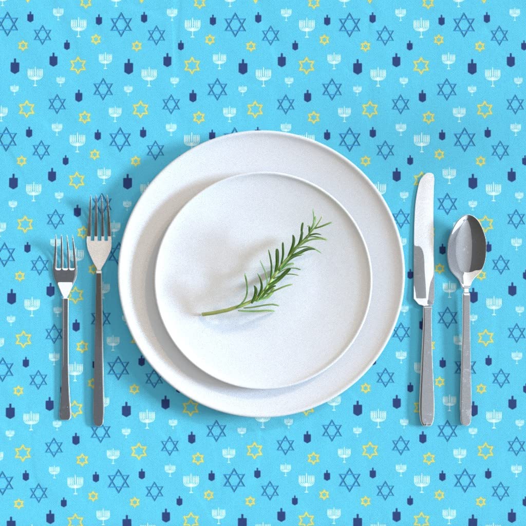 Premium Cotton Sateen Tablecloth 70x120 Inches - Hanukkah Star & Winter Lights Design on Light Blue | Custom Holiday Table Linens for Dining Room Decor & Festive Celebrations