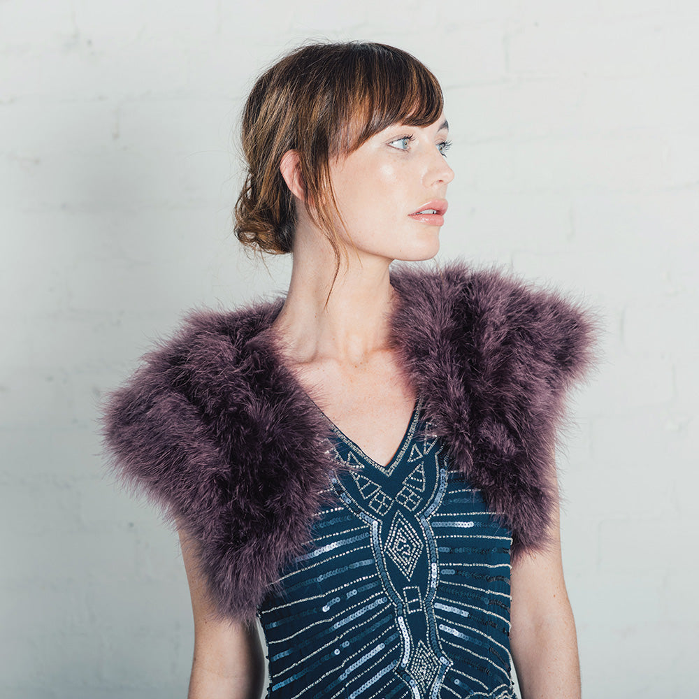 Elegant Grape Feather Bridal Bolero Shawl - Size 16-24 | Perfect for Weddings, Evening Gowns & Formal Events
