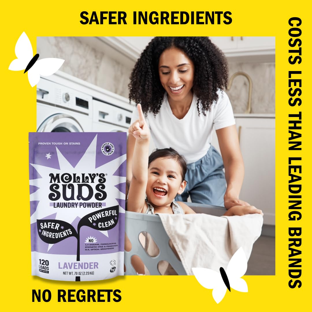 Molly's Suds Original Laundry Detergent Powder for Sensitive Skin - Plant-Based, Eco-Friendly Stain Remover with Lavender Scent (120 Loads) | Gentle on Baby Clothes, Hypoallergenic for Eczema & Allergies | Perfect for HE Washers, Cloth Diapers & Organic Fabrics