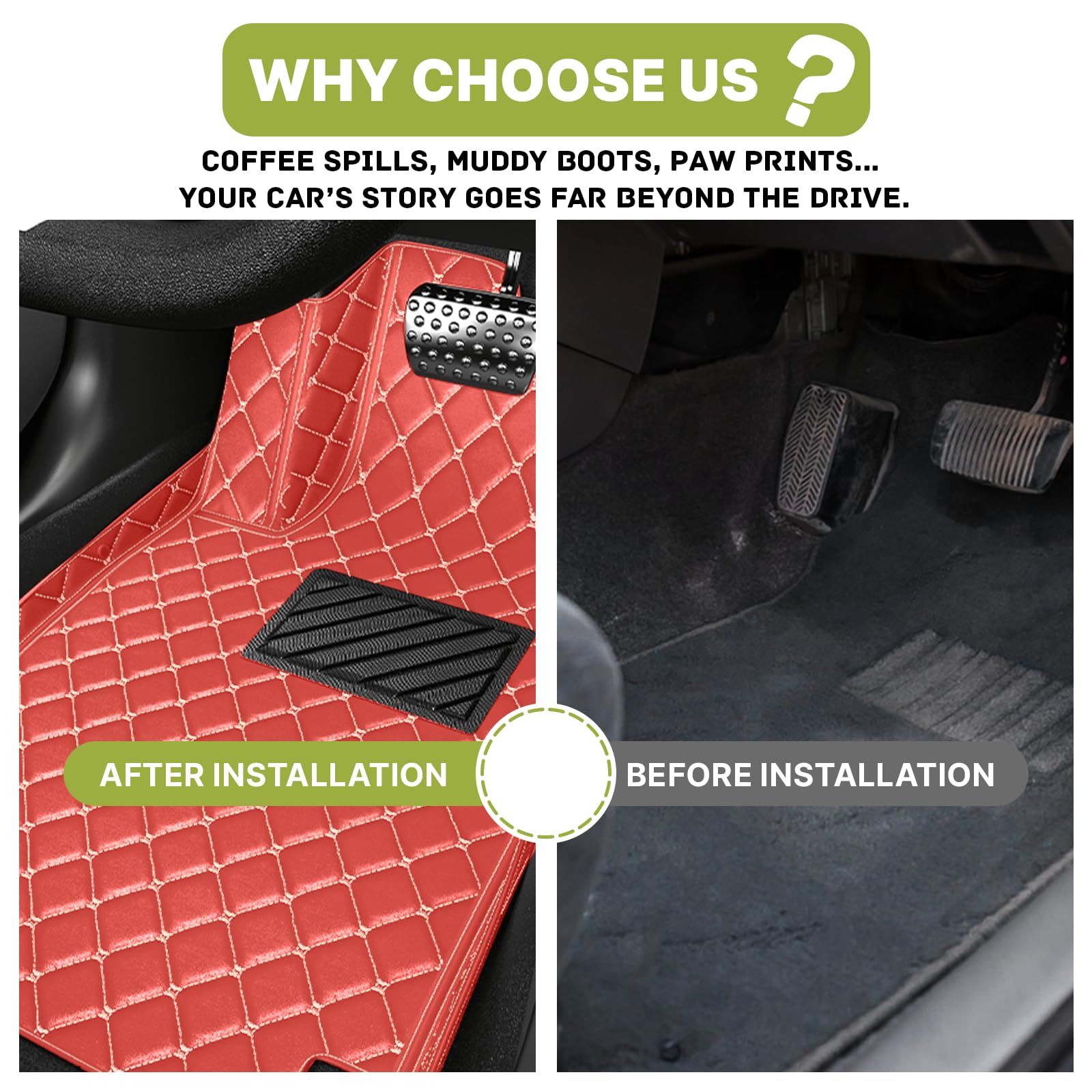 Premium All-Weather Custom Fit Floor Mats for Tesla Model 3 (2017-2022) - Non-Slip Leather Car Floor Liners - Perfect for Winter, Rain & Daily Protection (2020 Model/Red)