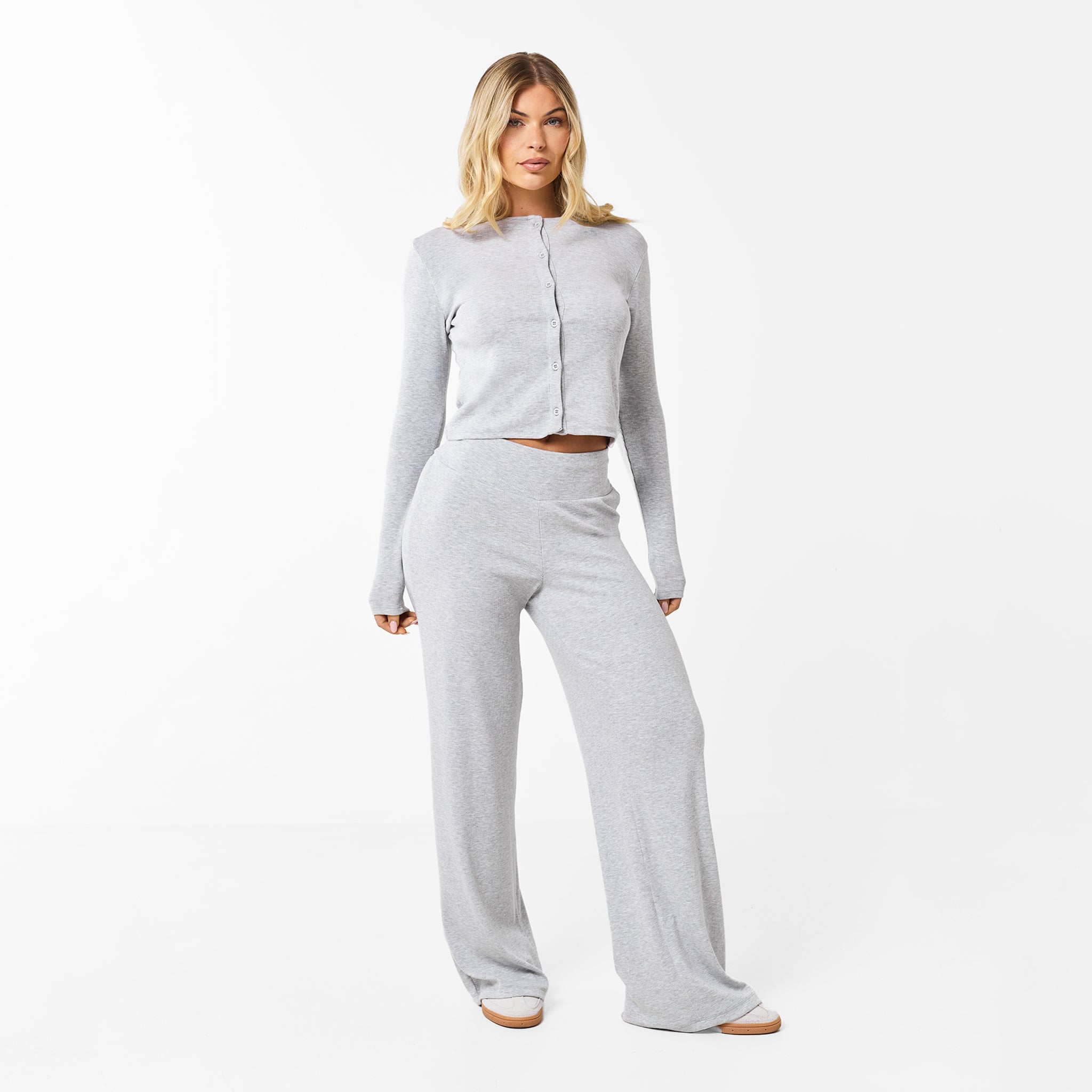 Stylish Ribbed Open Hem Sweater Set in Grey Marl - Perfect for Casual Outings & Layered Fall Outfits