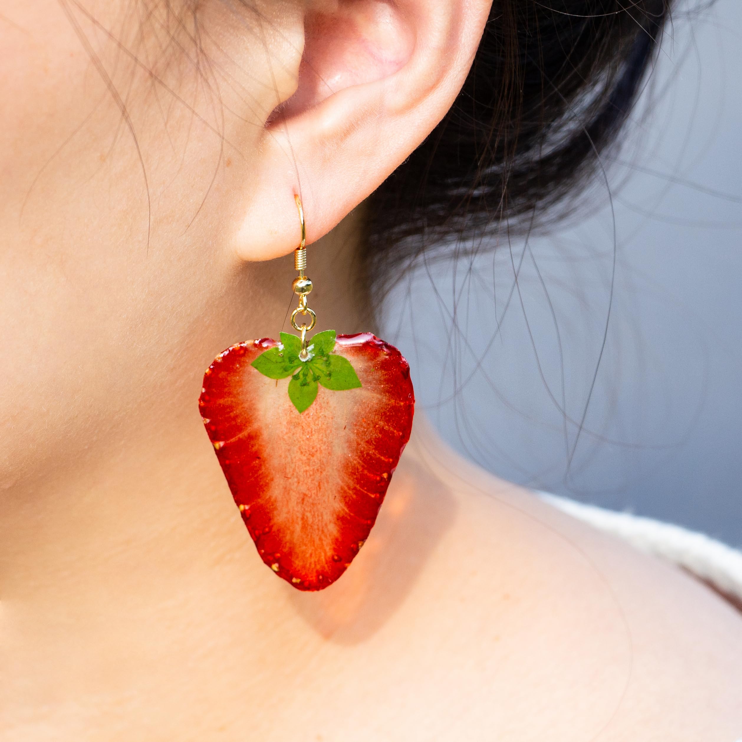 Handmade Real Strawberry Heart Earrings - Pressed Strawberry Slice Natural Dried Fruit Resin Jewelry with Gold Hooks | Perfect Birthday Gift, Valentine's Day Present & Boho Fashion Accessory for Women