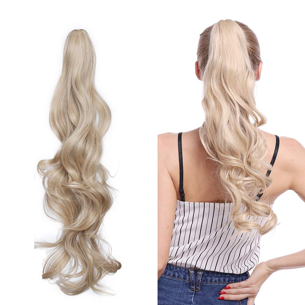 RemeeHi Remy Human Hair Wavy Curly Long Wrap Around Ponytail Clip-in Hair Extension 18 Inch 120g 613 Bleach Blonde - Perfect for Parties, Weddings & Daily Styling