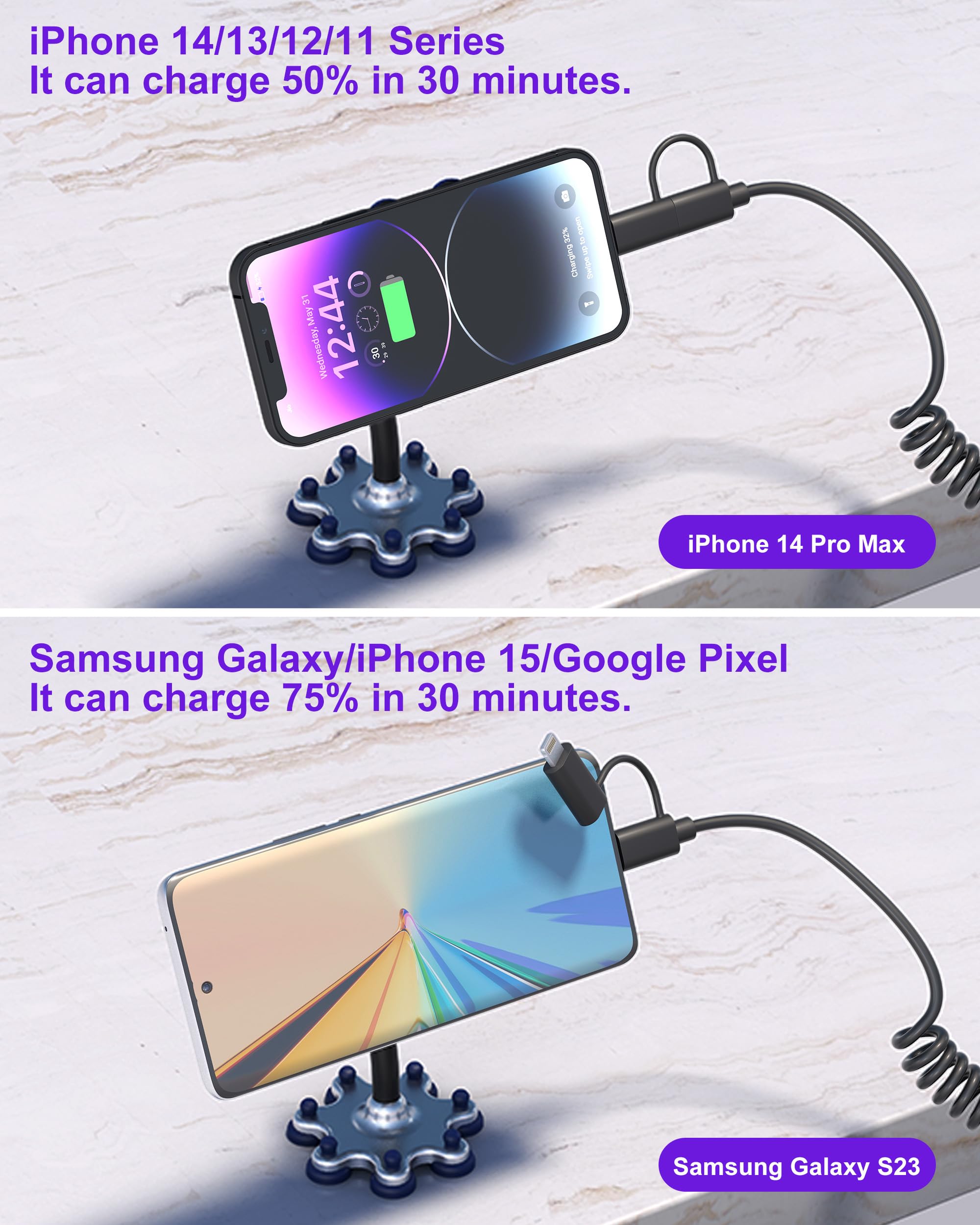 2-in-1 USB to USB-C & Lightning Coiled Cable - 3A Fast Charging & Data Sync for iPhone 15/14/13/12 & Android - 3FT Short Curly Cable (Supports Apple CarPlay & Android Auto) - Perfect for Car Charging, Home & Office Use