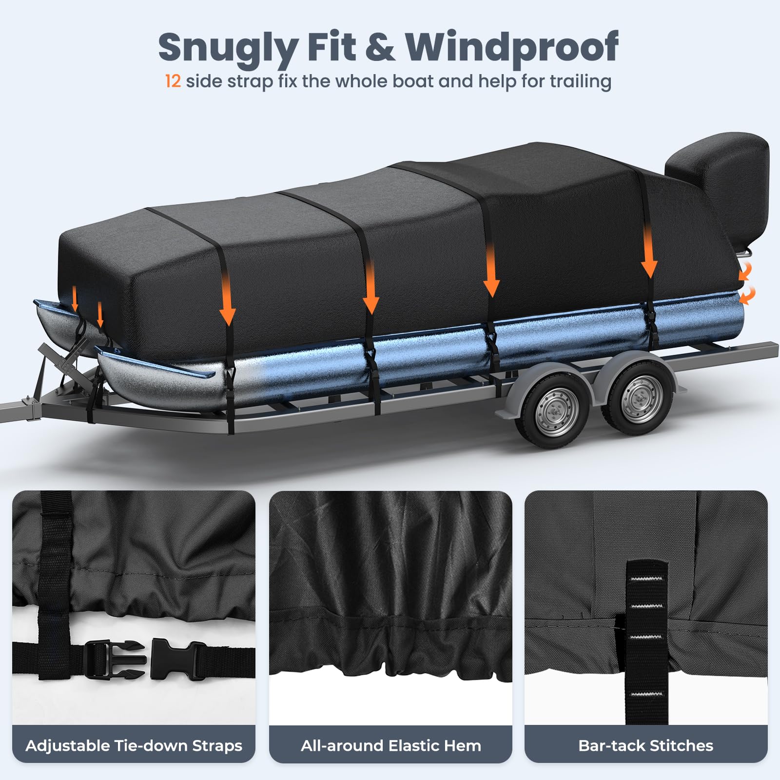 Heavy Duty 1400D Marine Grade Waterproof Pontoon Boat Cover with Motor Cover - Reinforced Middle for 21'-24' Length & 102