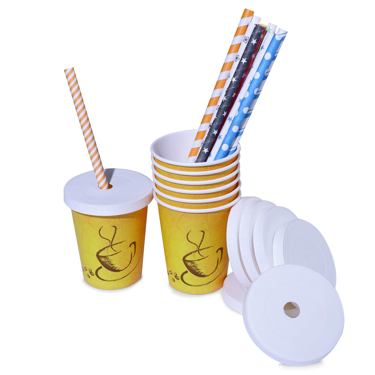 SANWALSA 8 oz (250 ml) Disposable Paper Cups with Lids & Multicolor Straws - Pack of 25, 100% Biodegradable & Eco-Friendly - Perfect for Juice, Coffee, Tea at Home, Office, Parties & Events