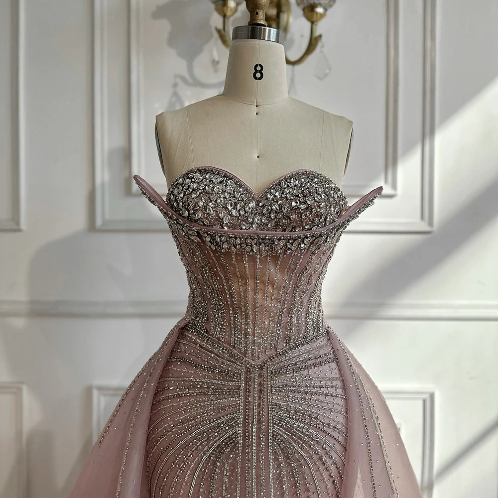 Luxury Dubai Nude Beaded Mermaid Evening Dress with Overskirt - Elegant Formal Gown for Prom, Wedding & Black Tie Events | LA72811