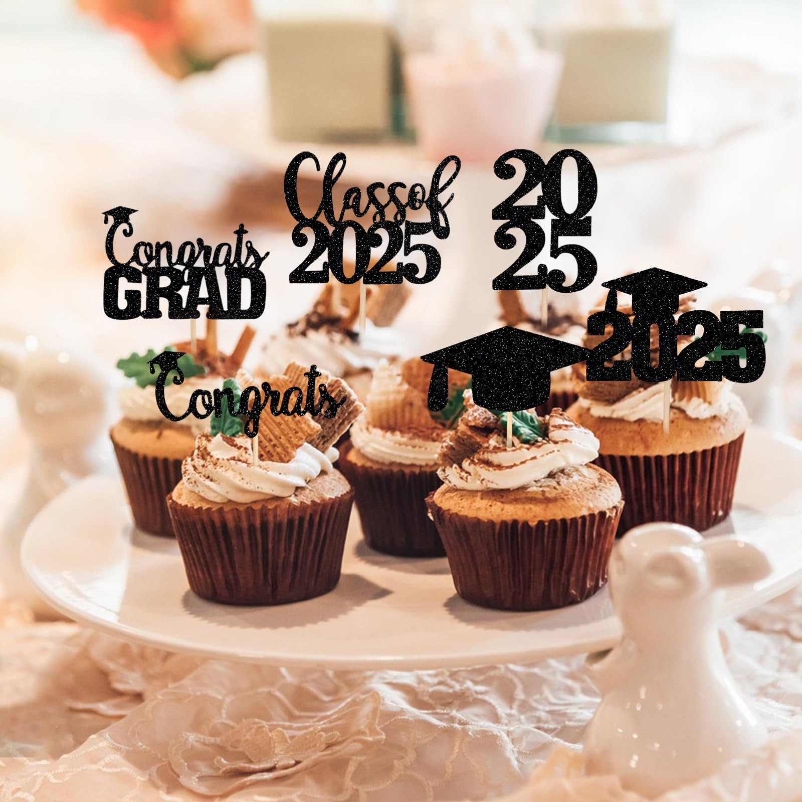 30Pcs Black Glitter Graduation Cupcake Toppers - Class of 2025 Cake Decorations for Graduation Parties, Celebrations & School Events - Perfect for Grad Cakes, Cupcakes & Desserts