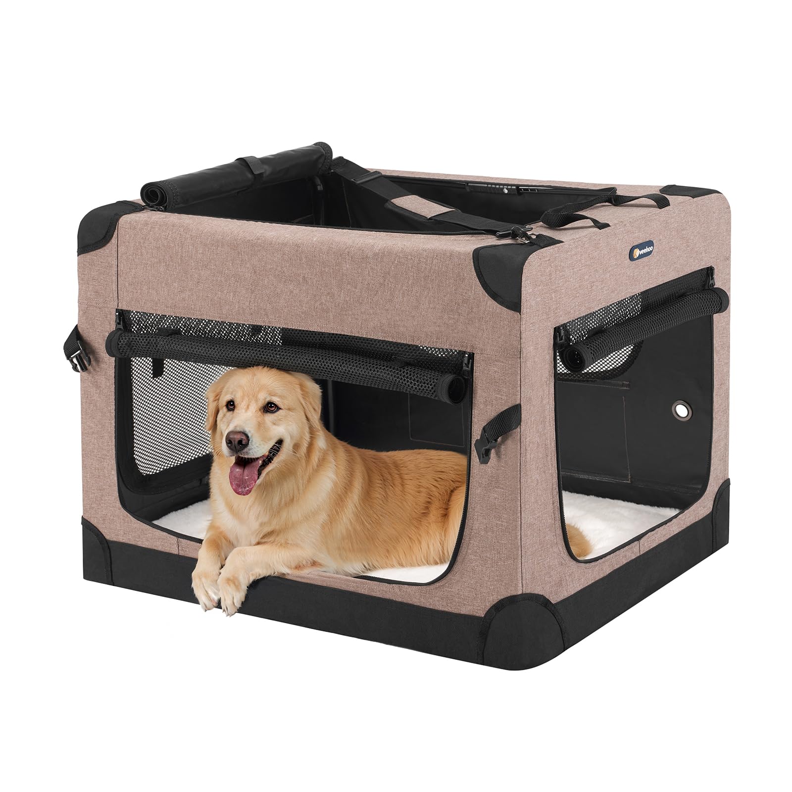 **Veehoo 36 Inch Folding Soft Dog Crate - 4-Door Portable Collapsible Pet Kennel for Large Dogs - 5 Durable Mesh Screens & 600D Oxford Fabric - Indoor & Outdoor Use - Brown (CWB2428CP) - Perfect for Travel, Camping, and Home Use**