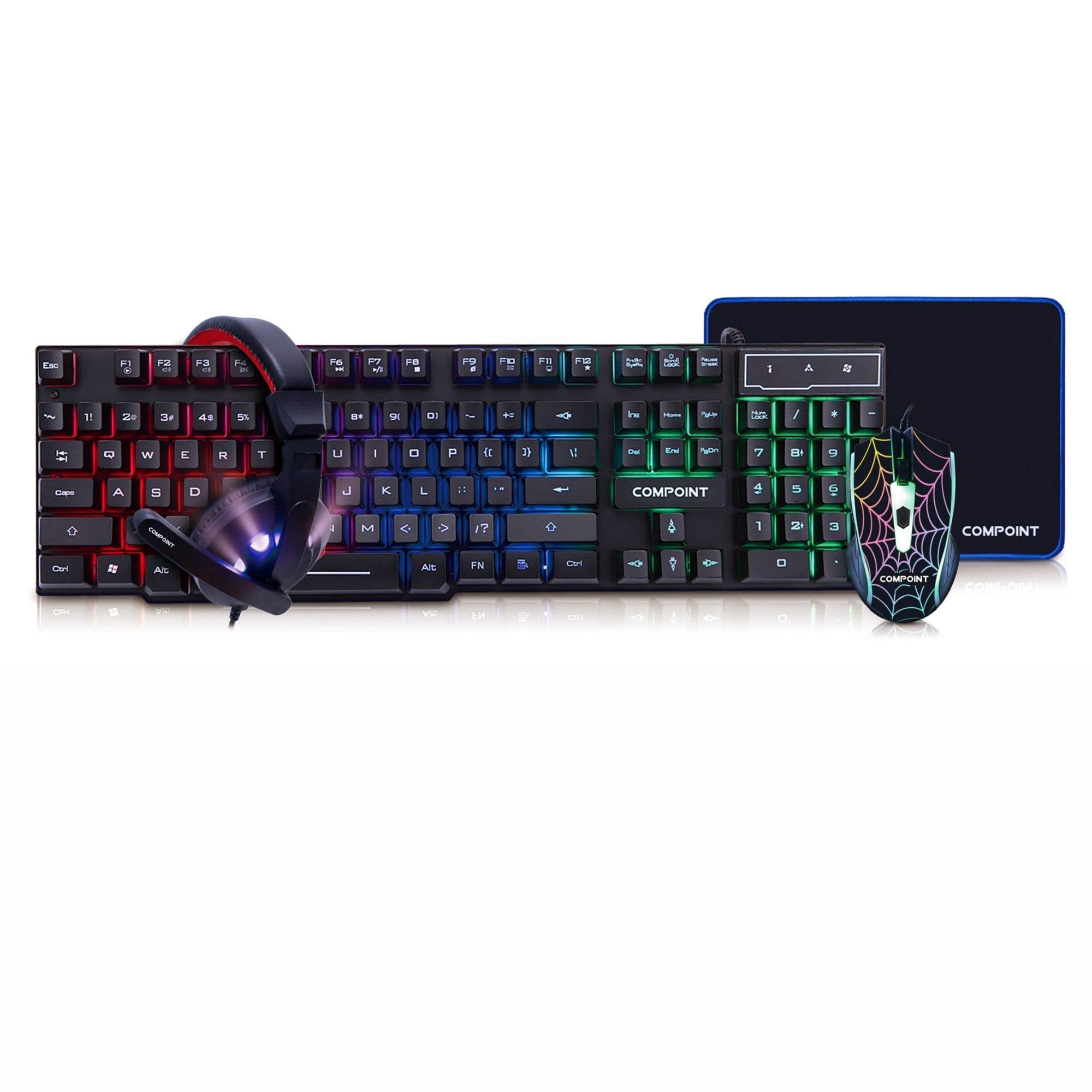 Compoint 4-in-1 Gaming Bundle with Q-LED Backlit Keyboard, Noise-Canceling Headset & Large Mouse Pad - Compatible with Xbox, PS5, PC | RGB Lighting, Ergonomic Design for Pro Gamers | Perfect for Esports, Streaming & Home Gaming Setup