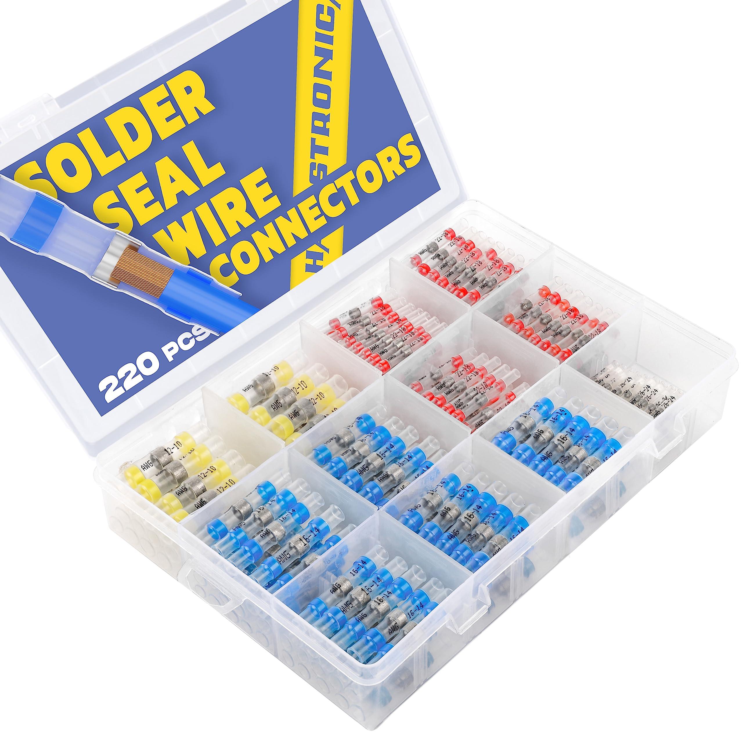 Haisstronica 220PCS Waterproof Heat Shrink Solder Seal Wire Connectors Kit - Electrical Wire Connectors for Marine, Automotive & Outdoor Use (20 Yellow, 40 White, 80 Red, 80 Blue) - Perfect for Boat Wiring, Car Electrical Repairs & DIY Projects