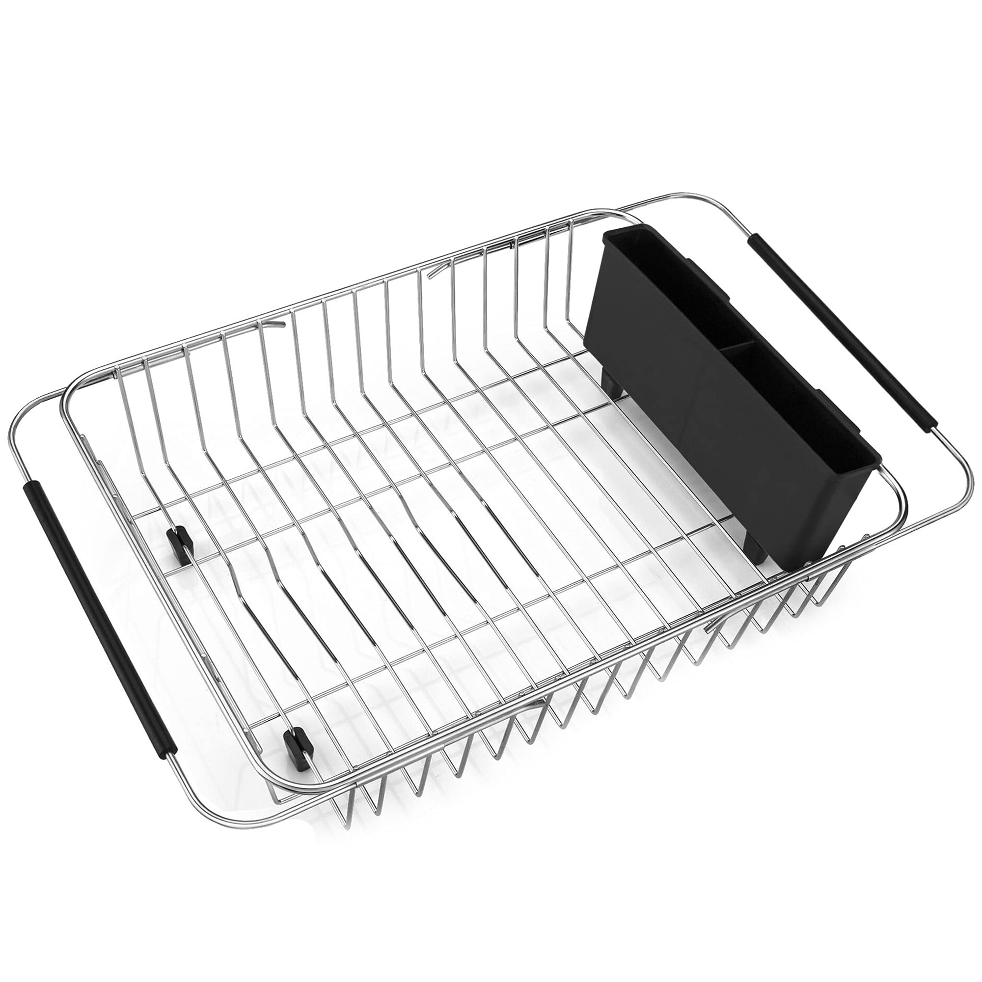 Expandable Stainless Steel Dish Drying Rack - Over The Sink or Countertop Drainer with Black Utensil Holder & Cutlery Tray | Rustproof Kitchen Organizer for Small Spaces | Perfect for Apartments, RVs & Compact Kitchens