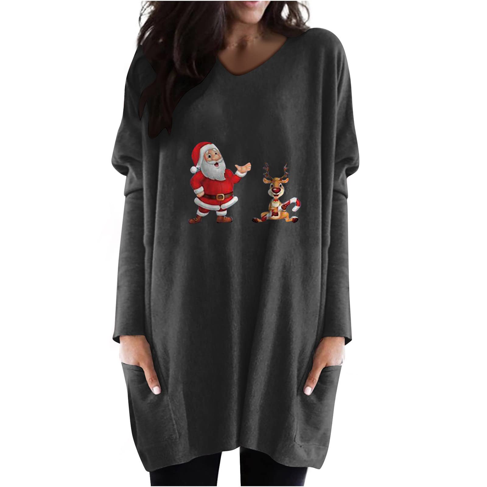 Women's Christmas Long Sleeve Tunic Tops with Reindeer & Snowflake Print - Casual Flowy Blouse with Pockets - Perfect for Holiday Parties, Office Wear & Winter Outfits