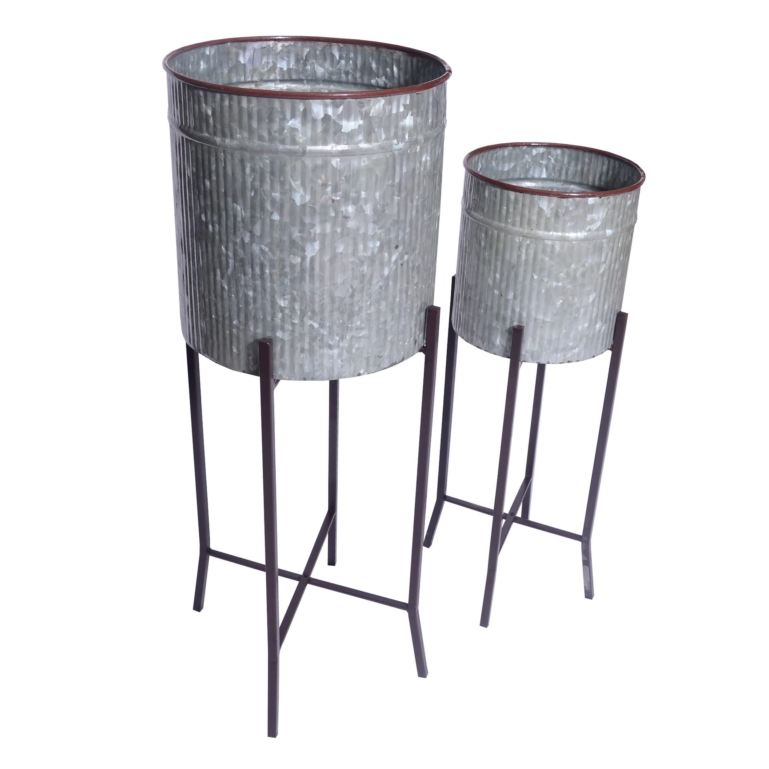 2-Pack Galvanized Metal Plant Stands with Corrugated Design - Antique Silver Iron Flower Pot Holder for Indoor/Outdoor Home Garden Decor