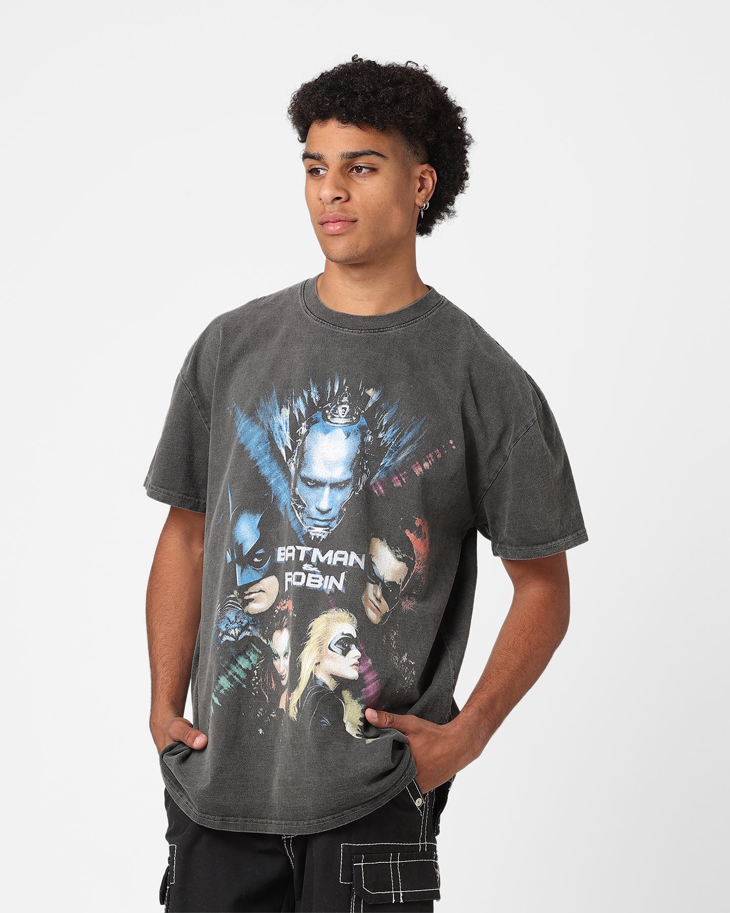 Vintage 1997 Batman & Robin Heavyweight T-Shirt - DC Comics Graphic Tee - Black Wash Distressed Style - Perfect for Cosplay, Comic Con & 90s Retro Fashion
