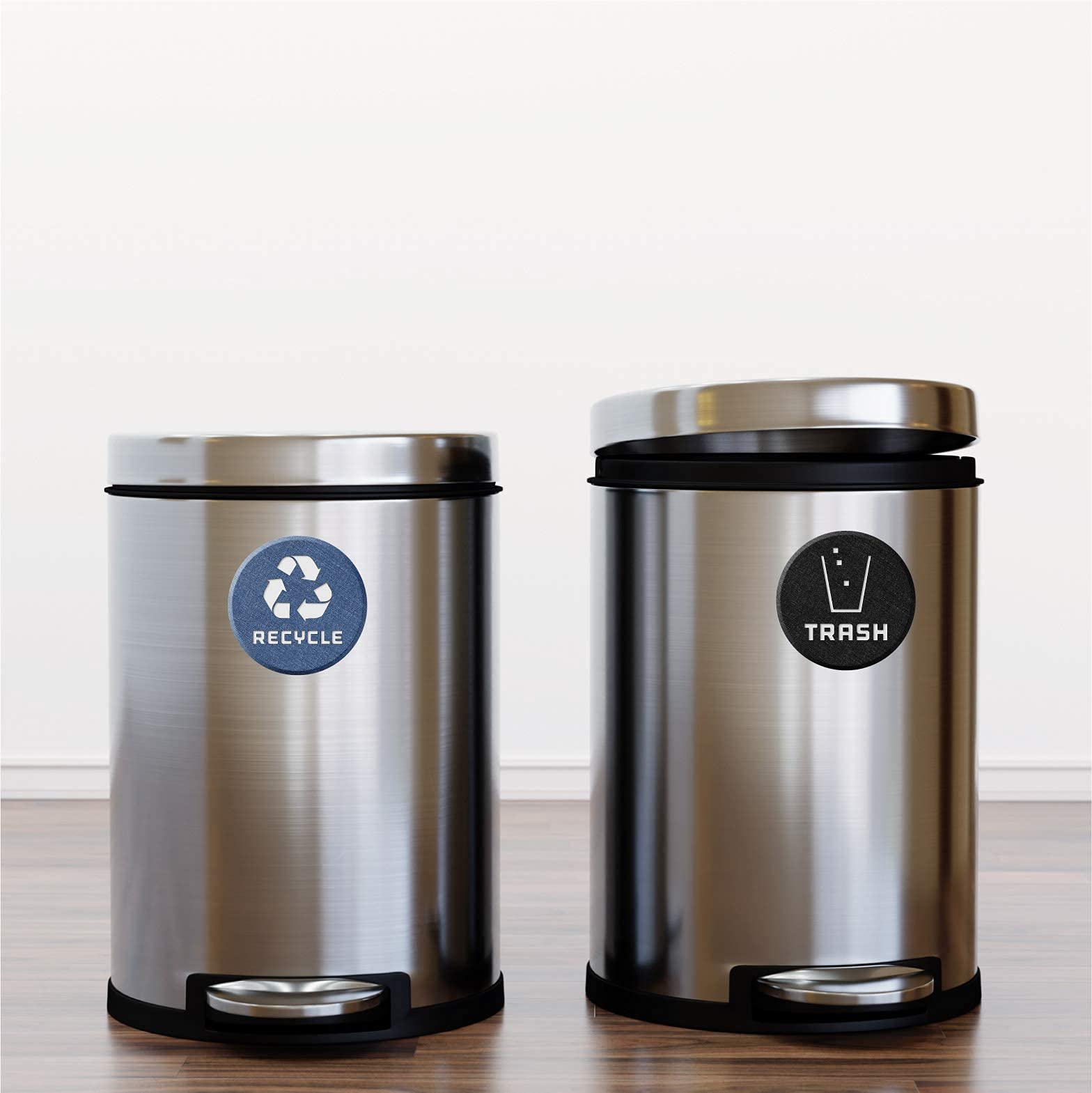 6 Pack Recycle and Trash Bin Stickers - 4 Inch Round Vinyl Labels for Home, Kitchen, Office - Waterproof UV Protected Decals for Waste Sorting - Perfect for Garbage Cans, Recycling Bins & Compost Bins (Denim Blue) - Ideal for Home Organization & Eco-Friendly Waste Management