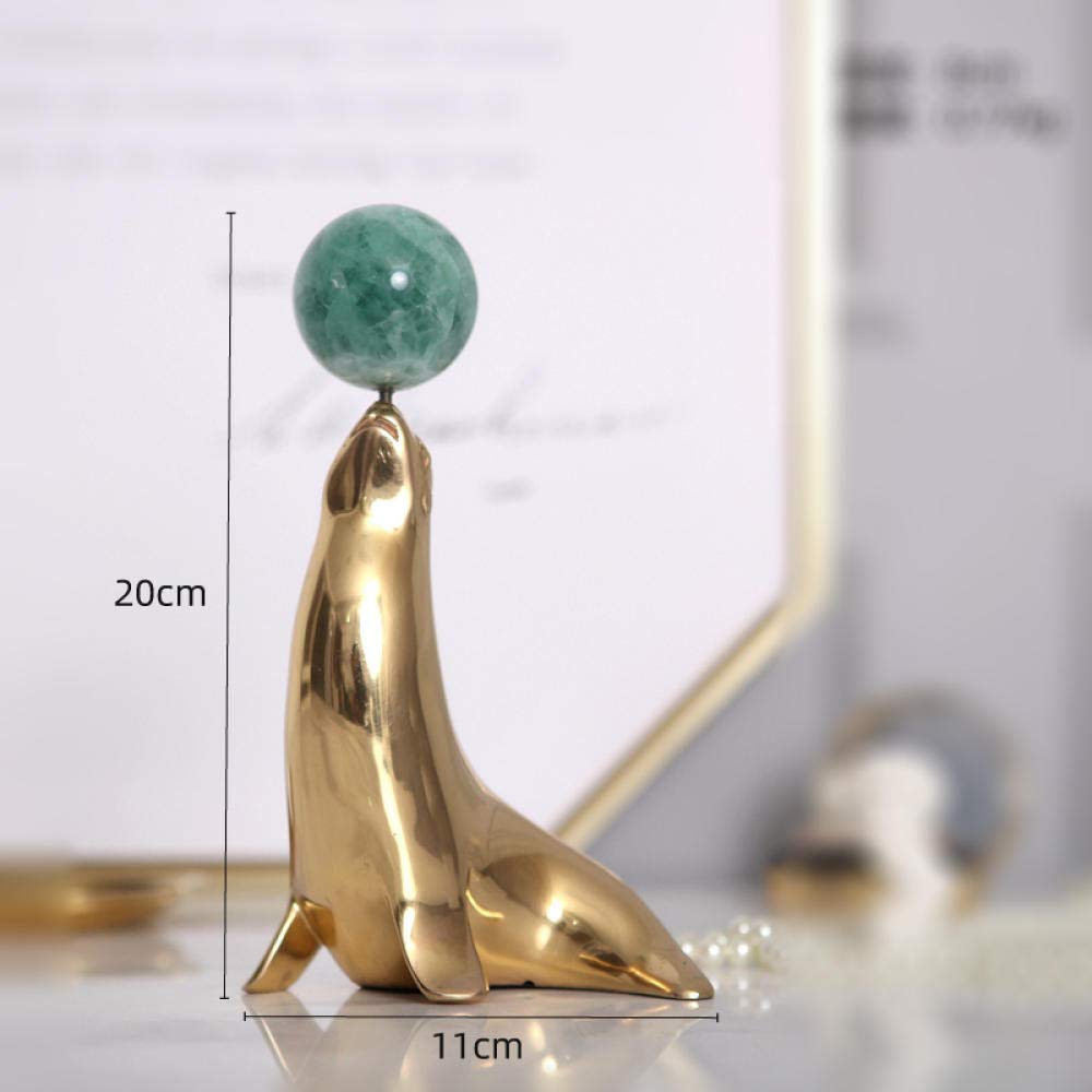 Gold & Copper Sea Lion Playing with Green Jade Ball Sculpture - Elegant Home Decor, Marine Life Collectible, Unique Wedding Gift for Couples | Perfect for Living Room, Office, or Beach-Themed Party Decorations