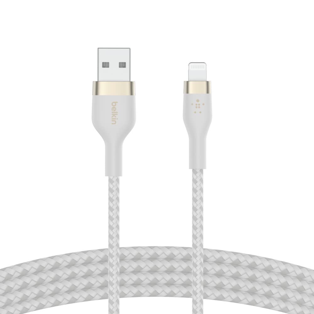 Belkin BoostCharge Pro Flex 10FT Braided USB to Lightning Cable - MFi Certified Fast Charging Cord for iPhone 14/13/12/11/Pro/Max/Mini/SE, iPad - Durable & Tangle-Free (White) - Perfect for Home, Office & Travel Charging