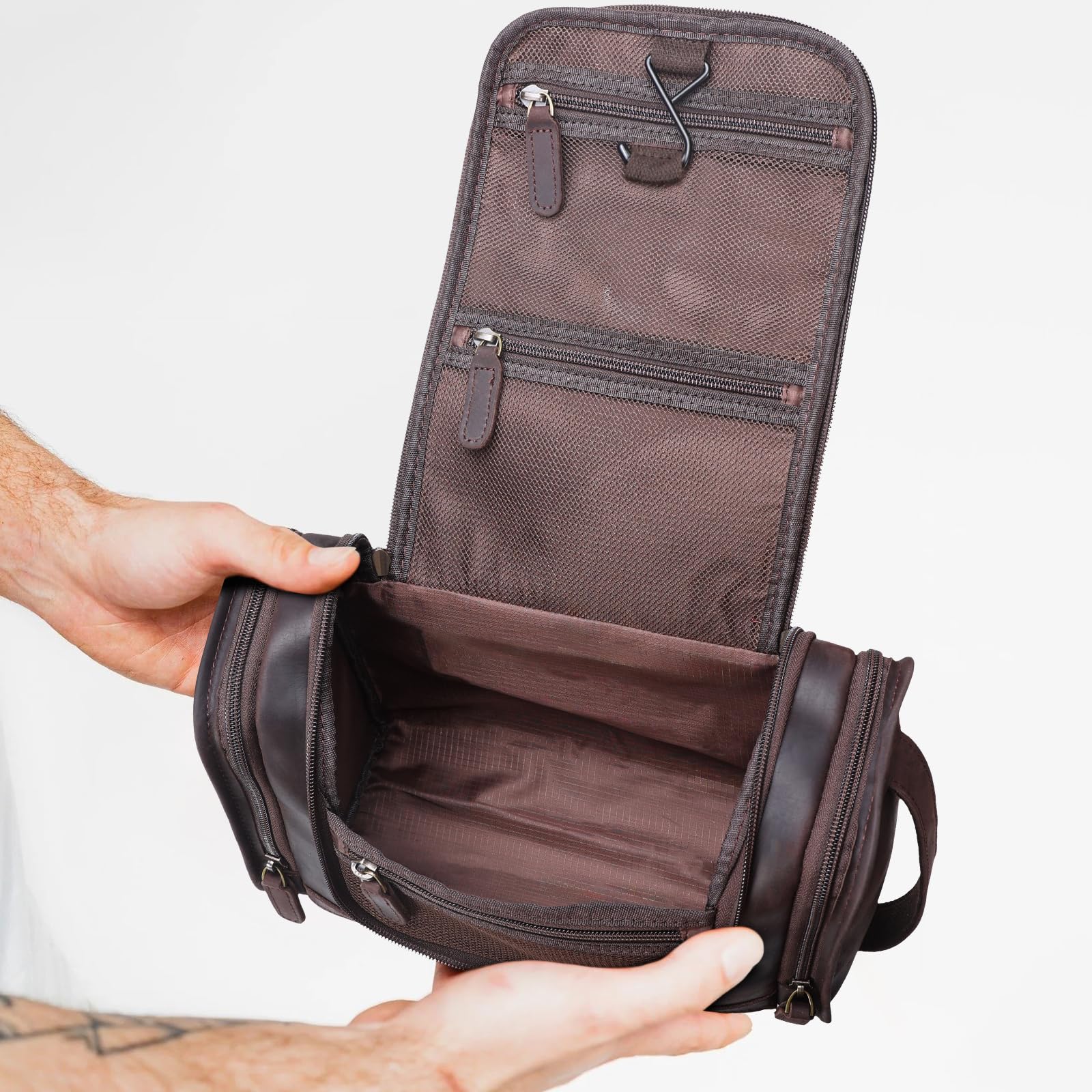 Premium Full Grain Leather Toiletry Bag for Men & Women - Travel Dopp Kit, Cosmetic Organizer, Shaving Kit with Hanging Hook - Ideal for Business Trips, Vacation & Gym Essentials Storage