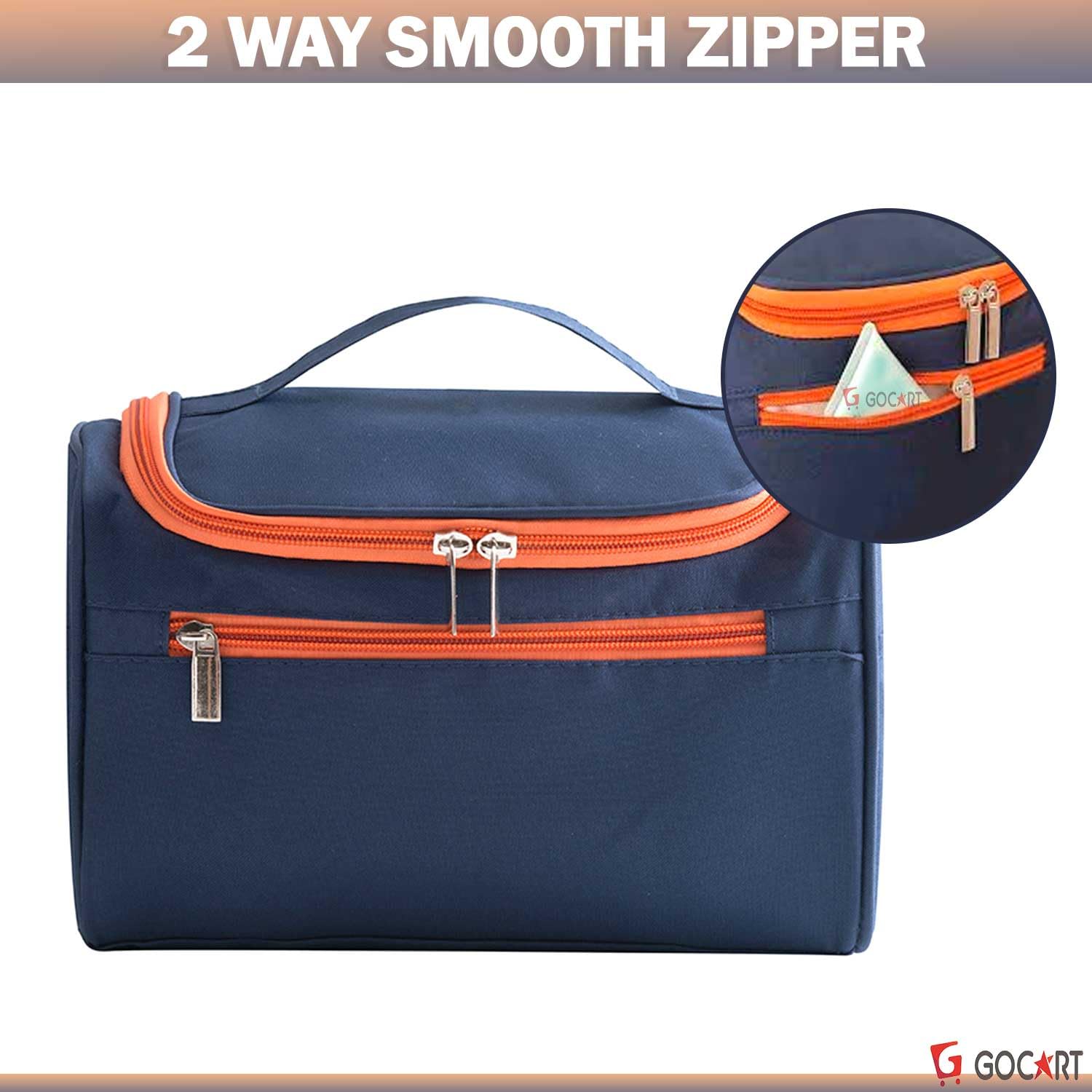 GOCART WITH G LOGO Portable Mini Hanging Travel Makeup Organizer - Waterproof Cosmetic Bag for Women, Blue & Orange - Perfect for Travel, Gym & Daily Use