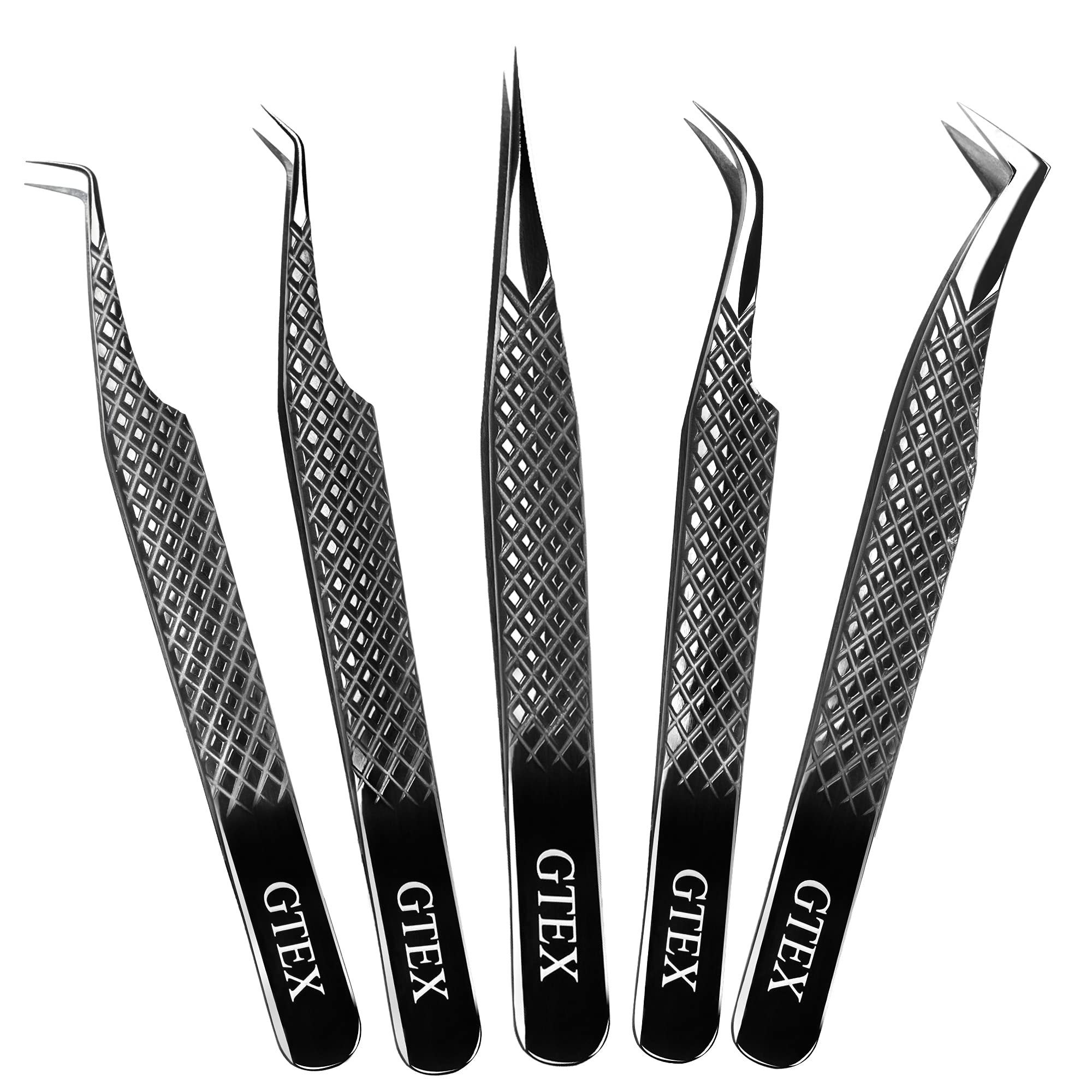 Professional GTEX Eyelash Extension Tweezers Set - 5-Piece Japanese Stainless Steel Lash Tweezers (Straight, Curved, 45 & 90 Degree) for Volume Lashes - Black - Perfect for Salon Professionals & DIY Lash Artists at Home