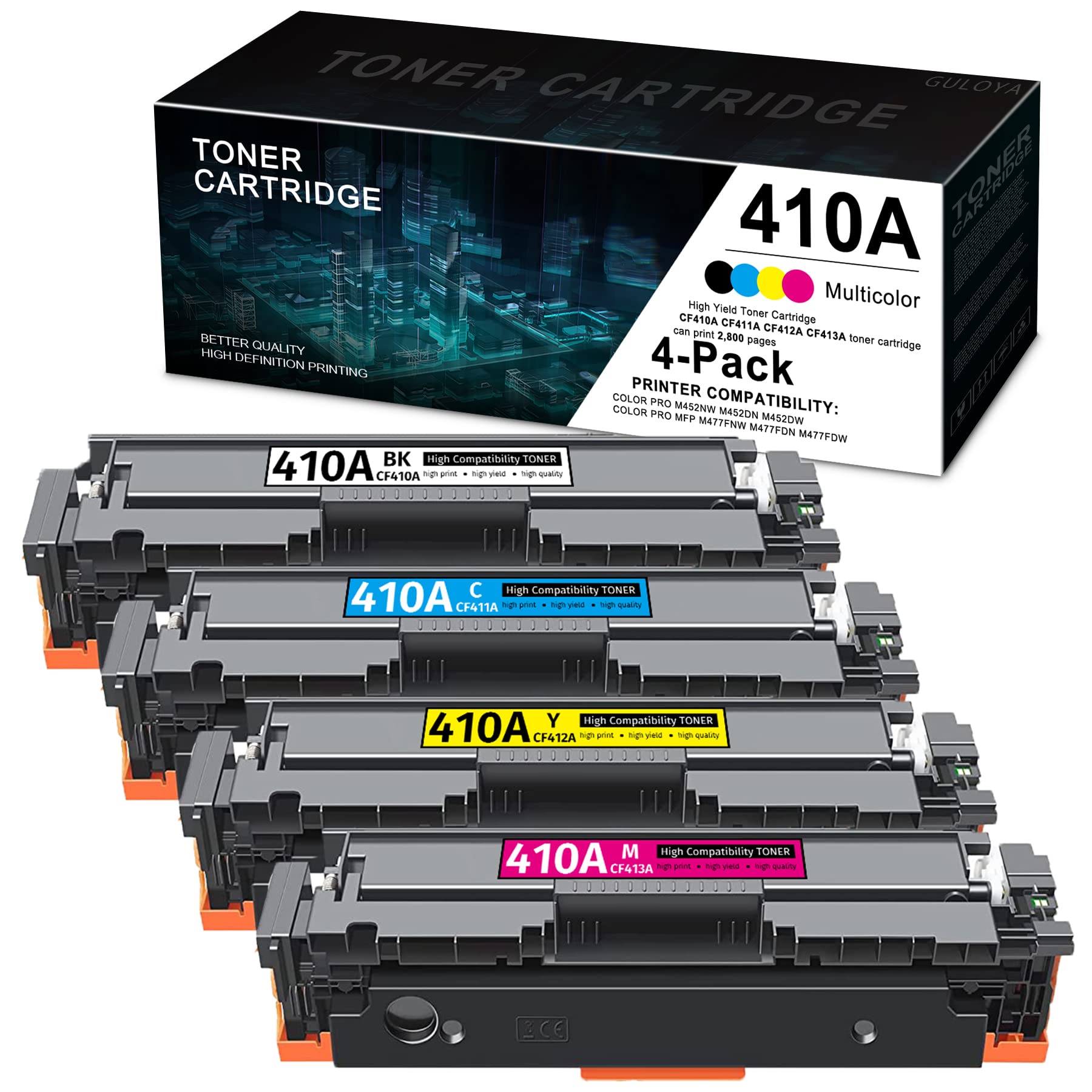 GULOYA 410A CF410A CF411A CF412A CF413A Compatible Toner Cartridge Set (4-Pack) for HP Color Pro MFP M477fnw M477fdn M477fdw M452nw M452dn M452dw Printers - 1 Black, 1 Cyan, 1 Magenta, 1 Yellow | High-Quality Replacement | Perfect for Office & Home Printing Needs