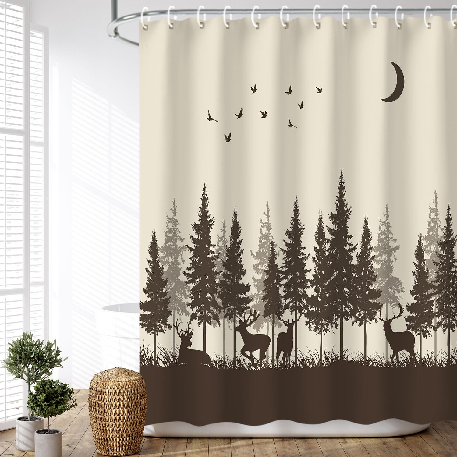RosieLily Deer Shower Curtain - Rustic Cabin Wildlife Woodland Hunting Design with Forest Moose Pattern (72x72 Inches, Brown) - Includes 12 Hooks | Perfect for Bathroom Decor, Hunting Lodge, or Nature-Themed Home