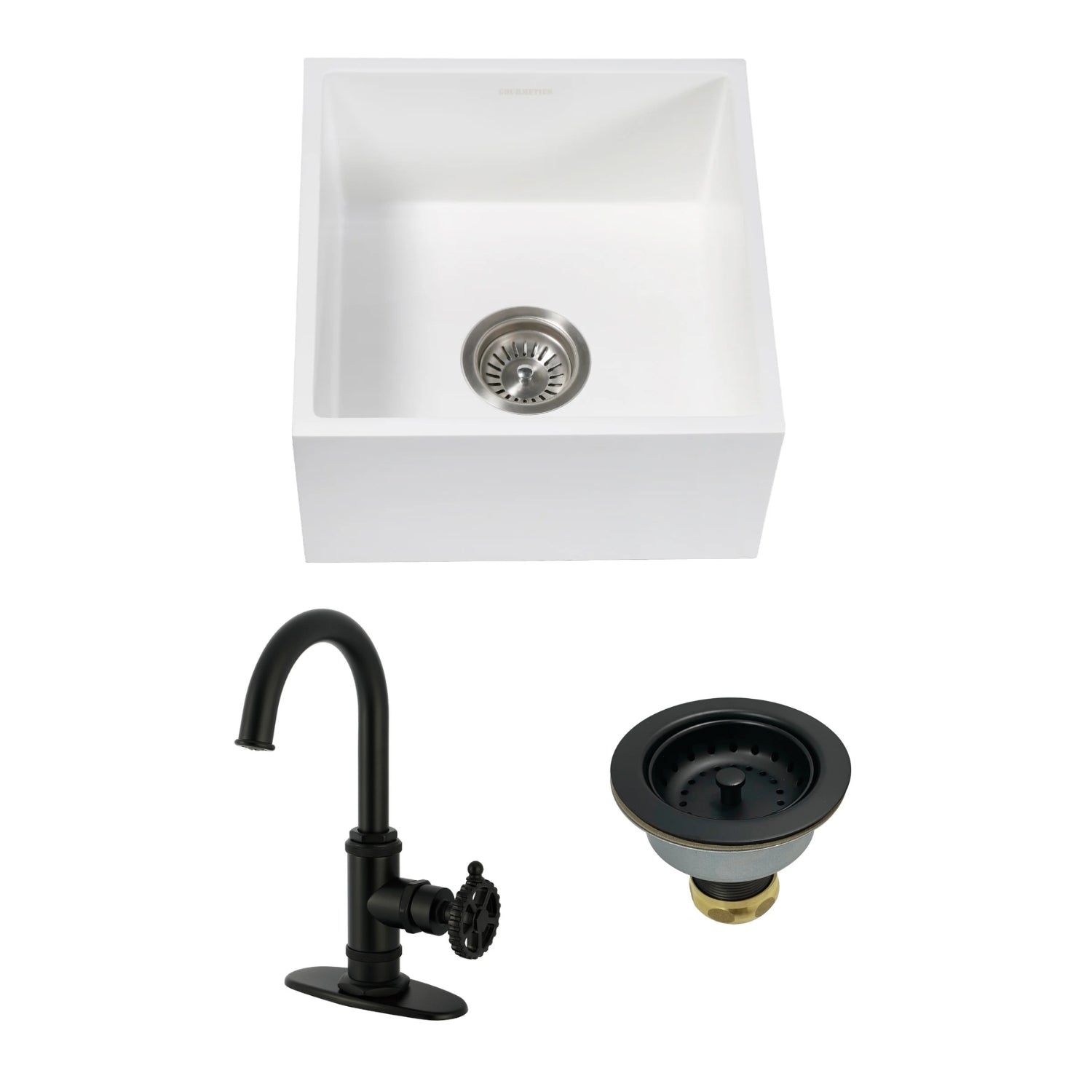 Arcticstone 15 Inch White Stone Undermount Single Bowl Farmhouse Bar Sink with Matte Black Deck Mount Faucet & Basket Strainer - Perfect for Kitchen Islands, Wet Bars & Outdoor Entertaining Areas