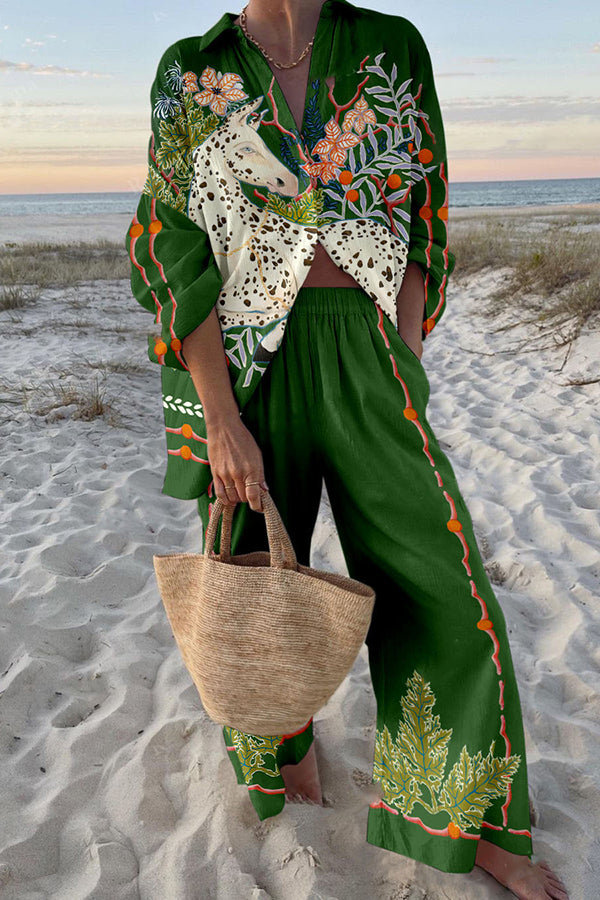 Stylish Spotted Horse Print Oversized Shirt & Elastic Waist Pocket Pants Set - Casual Loungewear for Women | Perfect for Home, Office & Weekend Outings