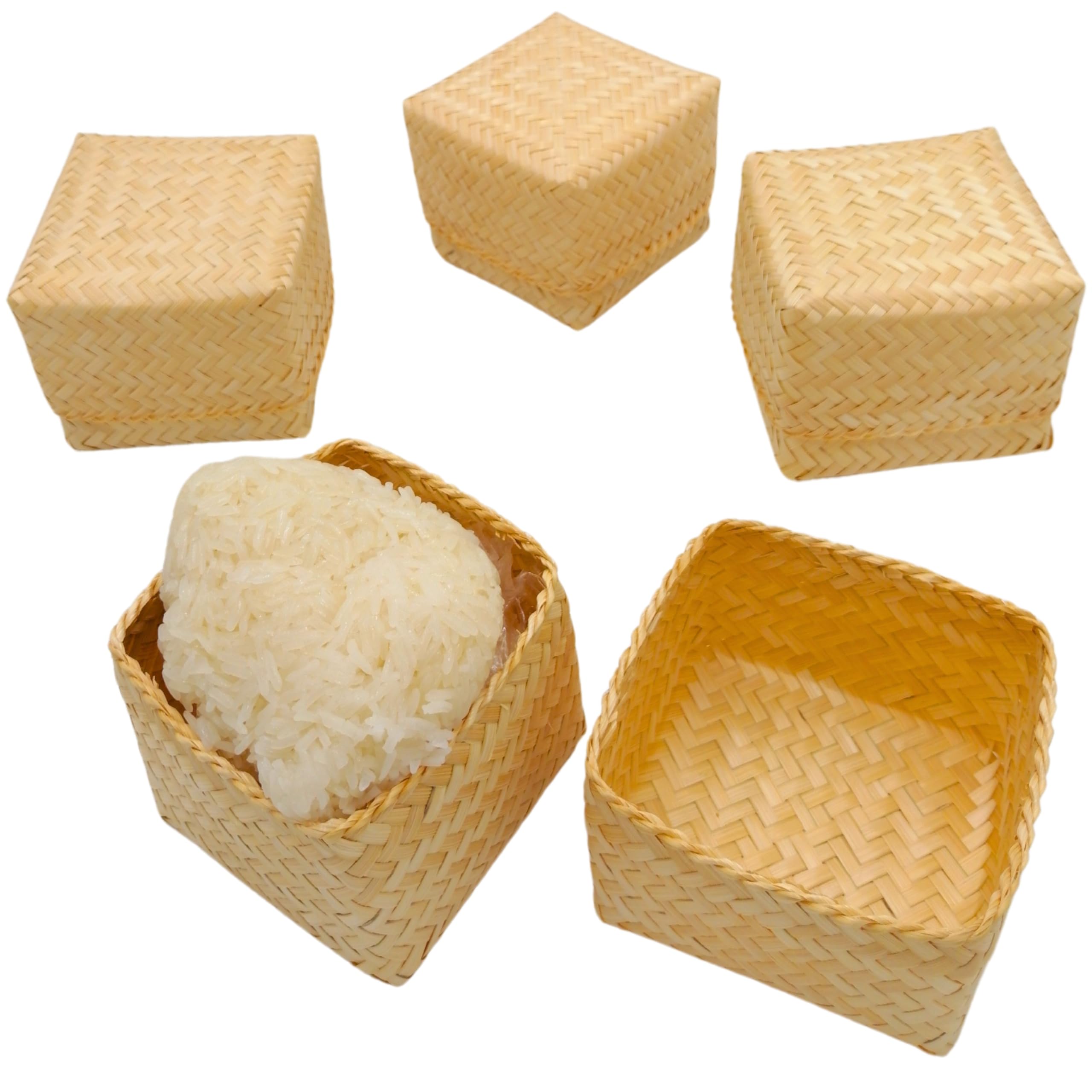 Premium 3.5 Inch Bamboo Sticky Rice Basket - Authentic Thai Handmade Kratip Steamer for Sticky Rice - Natural Kratib Container for Home & Restaurant Use - Perfect for Asian Cuisine, Party Serving, and Traditional Food Presentation (Pack of 4)