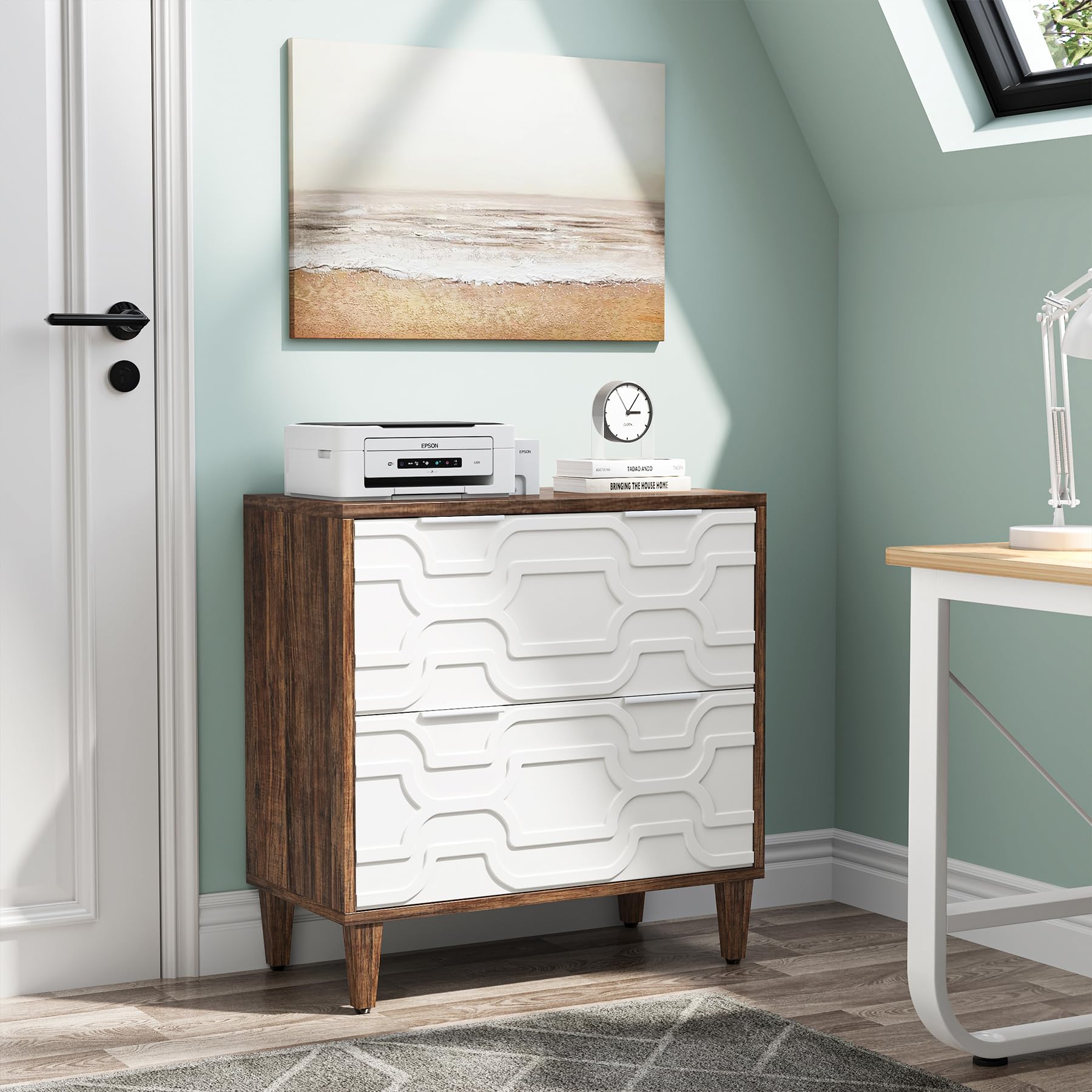 Tribesigns 2-Drawer Lateral File Cabinet for A4/Letter/Legal Size Documents - Office Storage Cabinet with Printer Stand, Home Office Organization Solution in Brown & White - Perfect for Paper Storage, Printer Organization & Workspace Decluttering