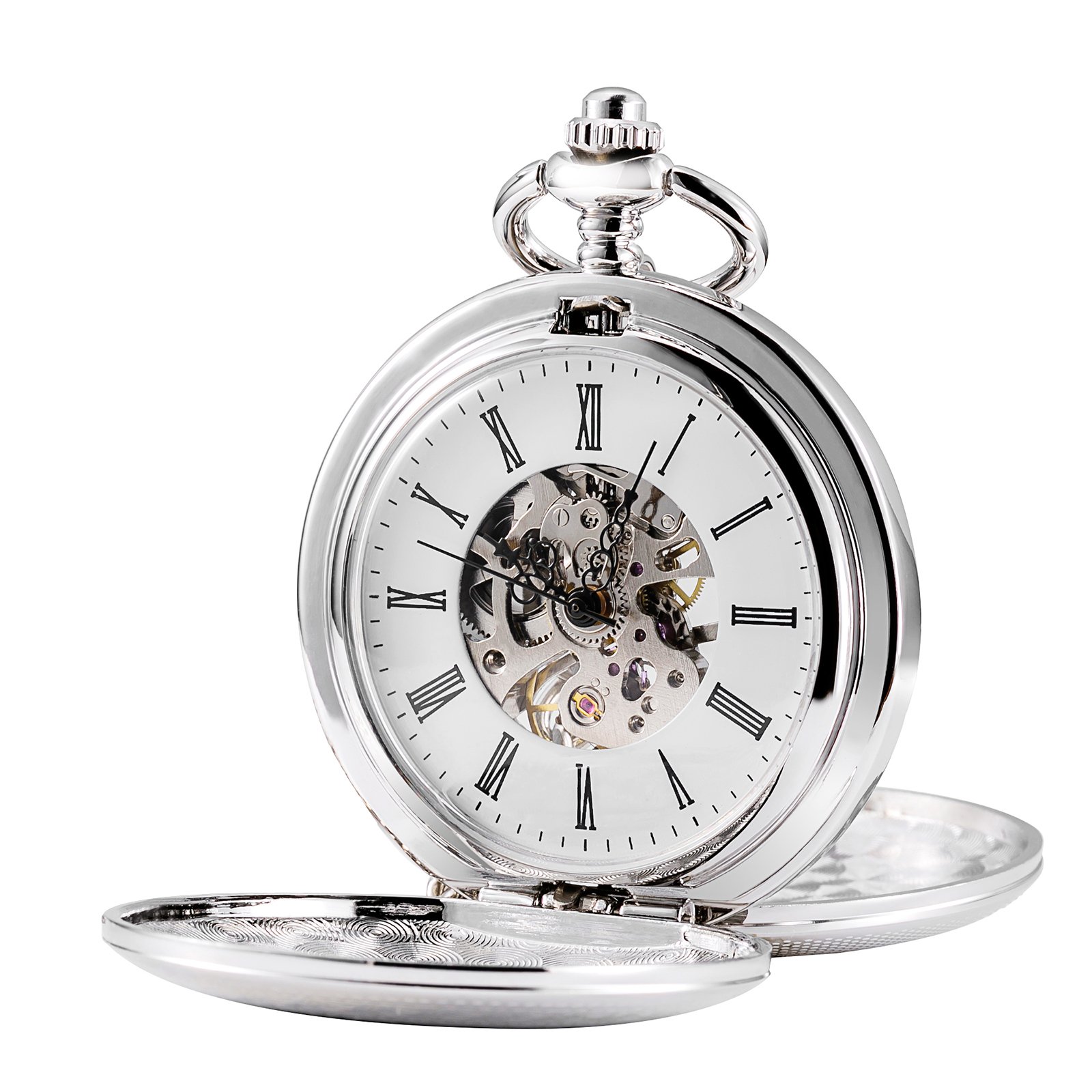 Vintage Mechanical Hand-Wind Skeleton Pocket Watch for Men - Double Open Case, Full Hunter Silver Fob Watch | Perfect for Steampunk Fashion, Wedding Gifts & Collector's Items