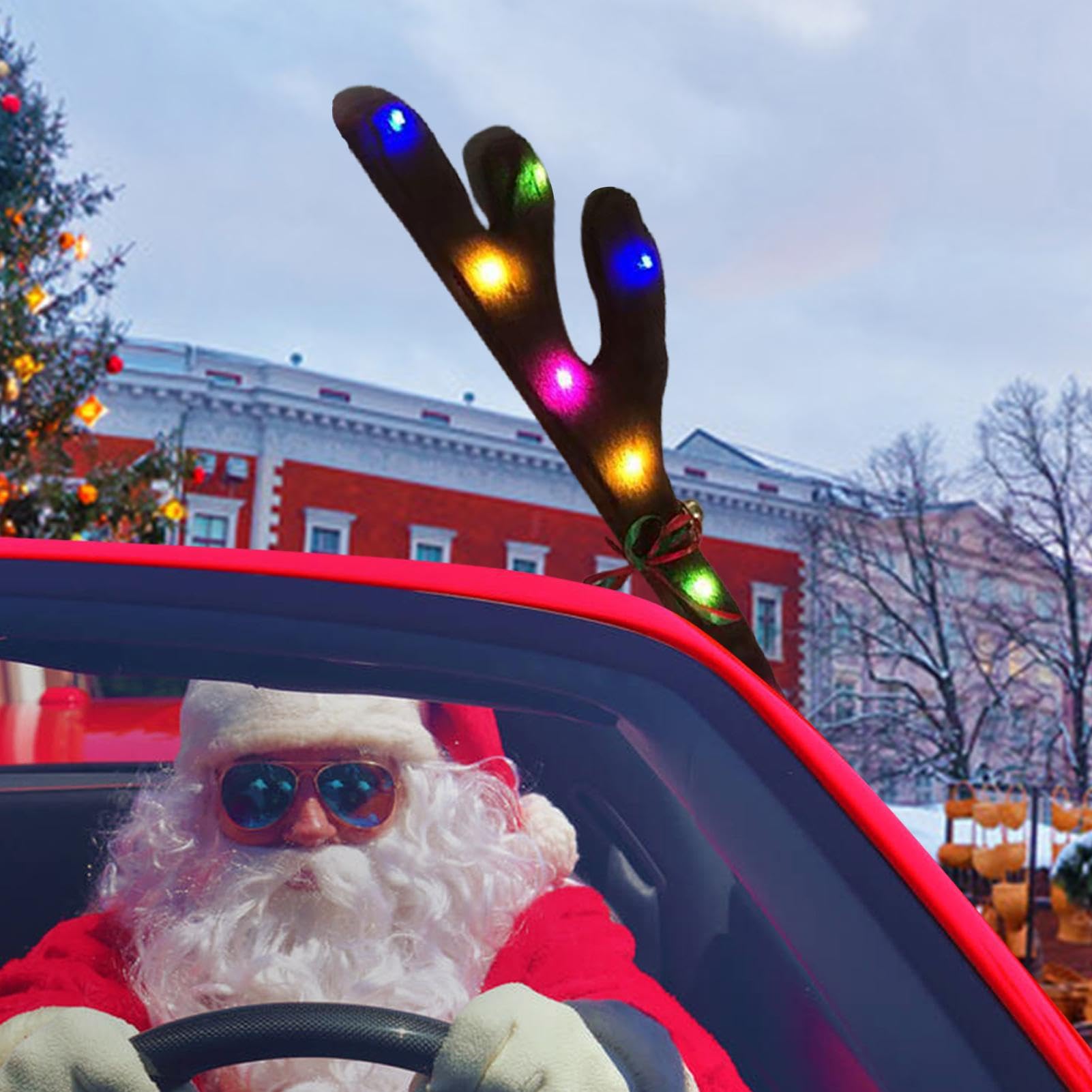LED Light Up Reindeer Antlers for Cars with Red Nose - Christmas Car Decorations for Holiday Parties & Parades