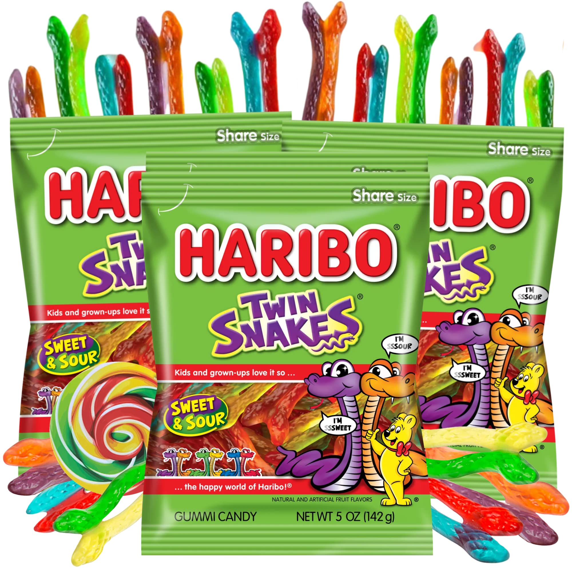 Sweet and Sour Twin Snake Gummy Candy - Chewy Fruit Flavored Gummies (5oz, Pack of 3) | Perfect for Summer Snacks, Ice Cream Toppings & Party Favors | Shareable Bulk Candy for Kids & Adults