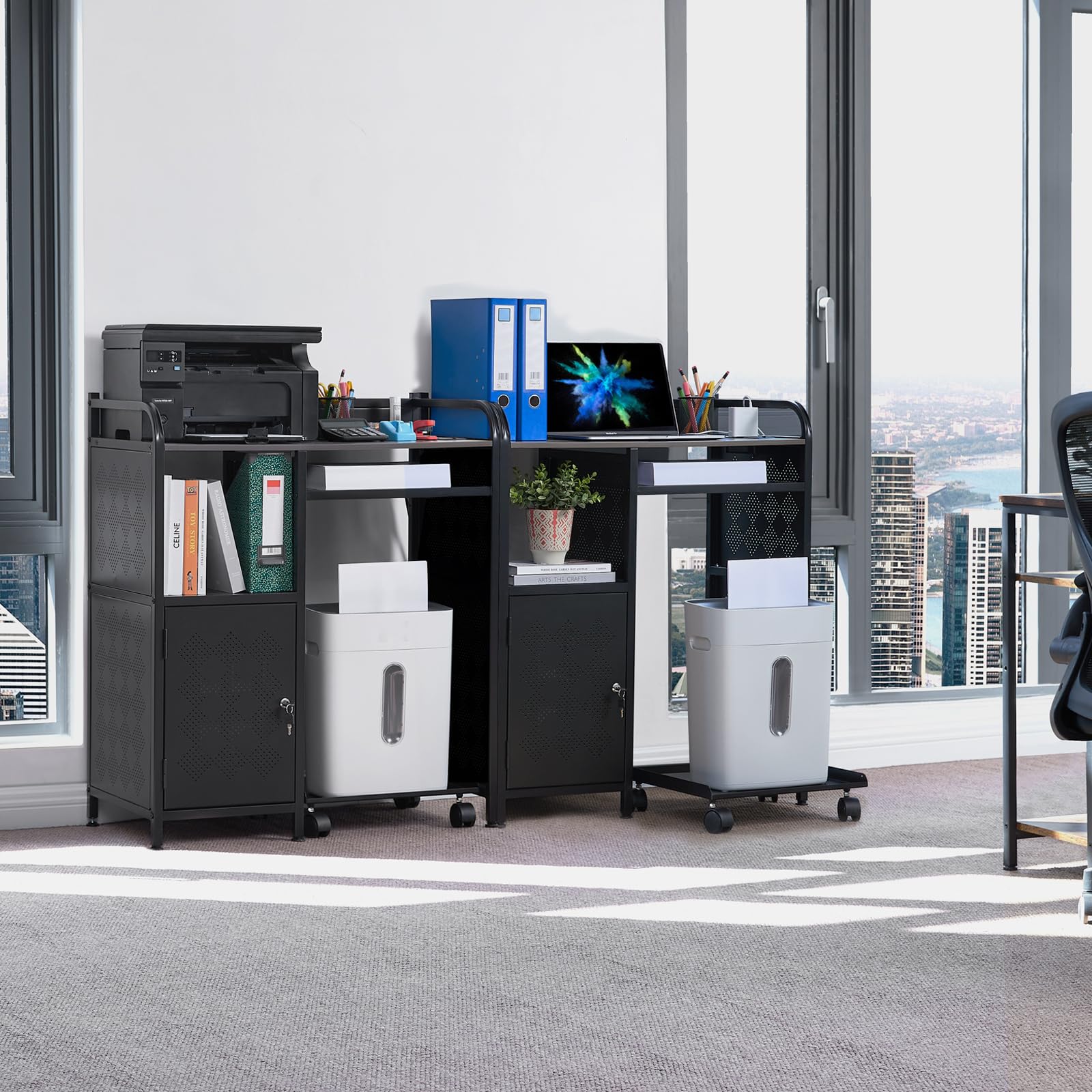 Heavy-Duty Printer Stand with Storage - Adjustable Printer Table with Power Outlet & USB Ports - Home Office Desk Organizer with Paper Shredder Shelf & PC Tower Stand on Wheels - Perfect for Workspace Organization & Multi-Functional Home Office Setup