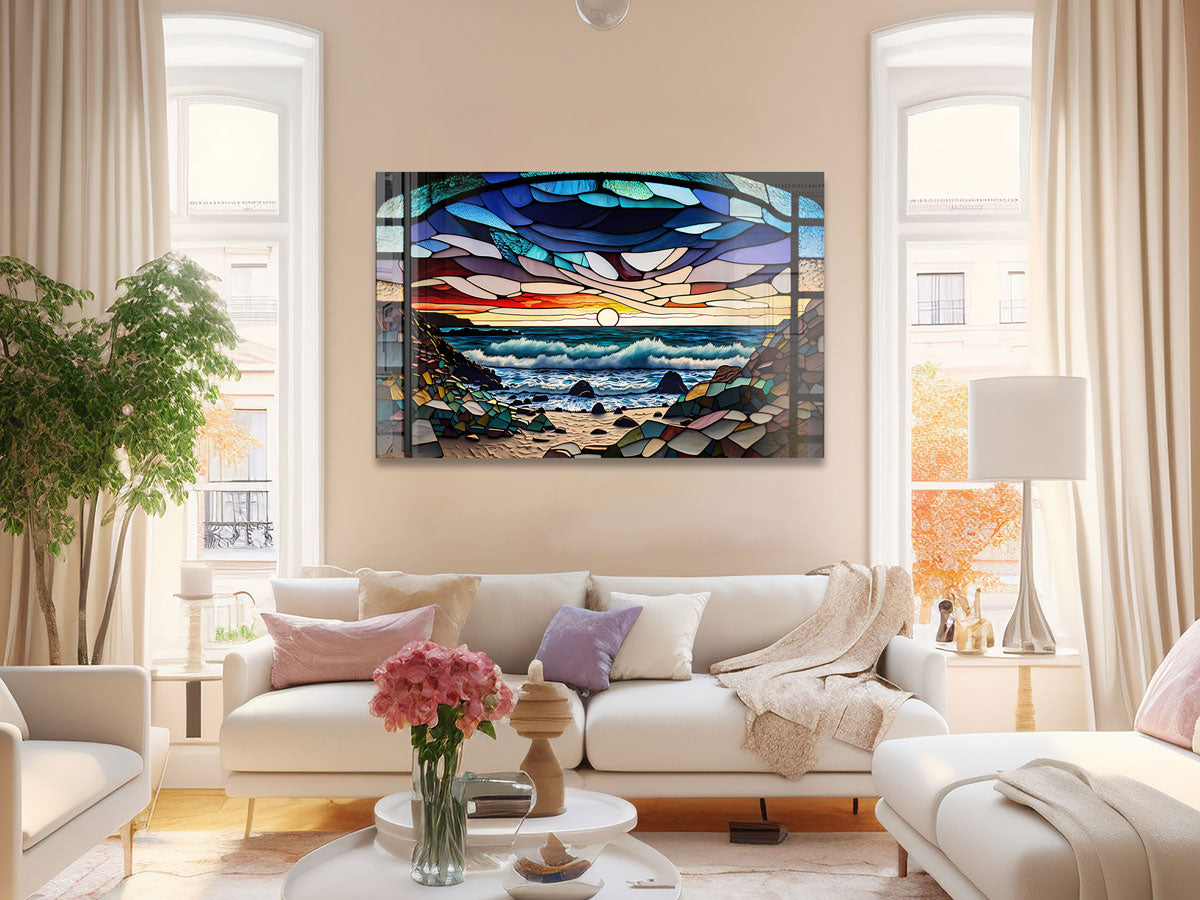 Abstract Coast Stained Glass Effect Wall Art - Handmade Modern Home Decor for Living Room, Bedroom & Office - Perfect for Bohemian, Coastal & Contemporary Interior Design Styles