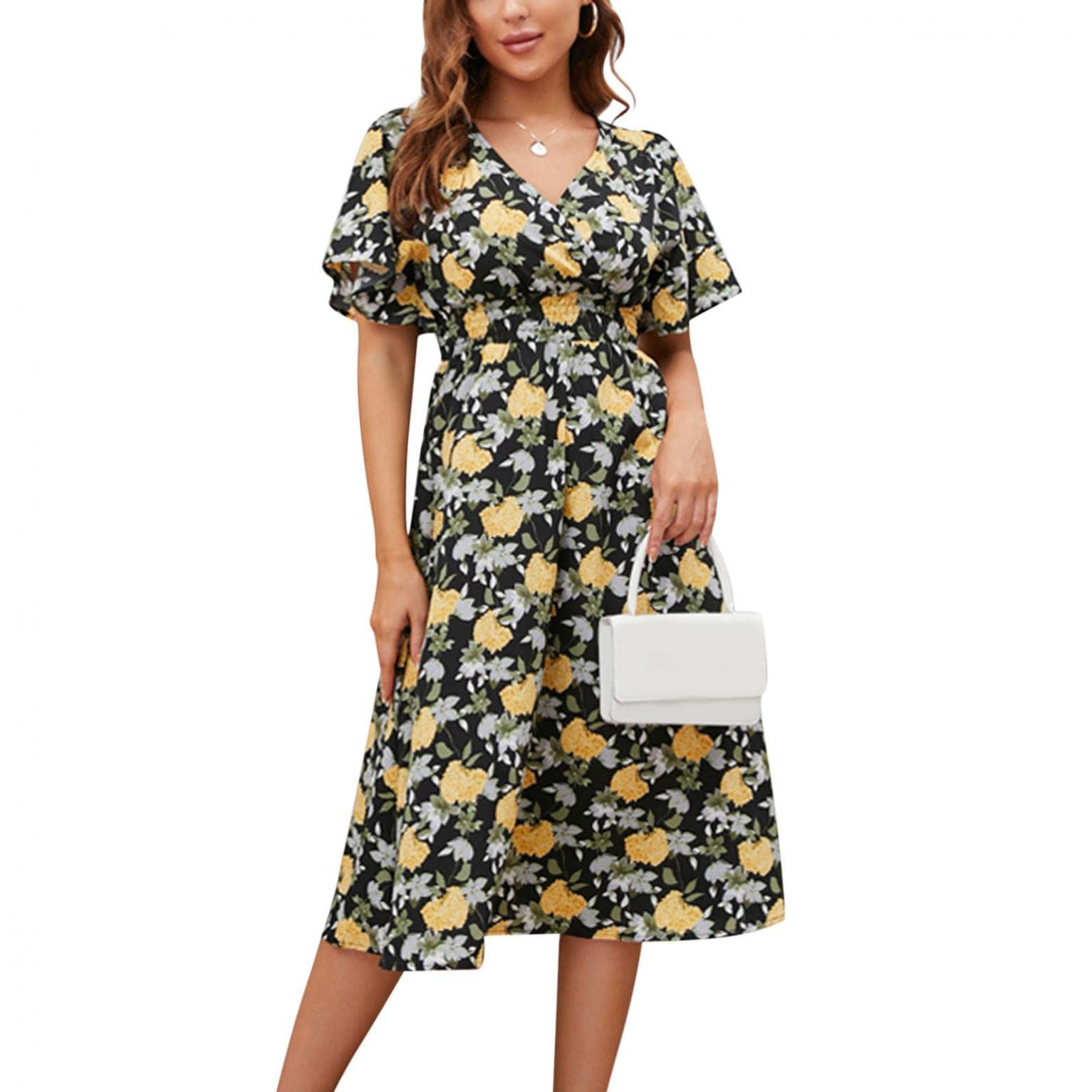 Sexy Floral Print V-Neck Ruffle Wrap Dress for Women - Party Night Short Sleeve Tie Knot Mini Dress | Perfect for Cocktail Parties, Date Nights & Club Wear