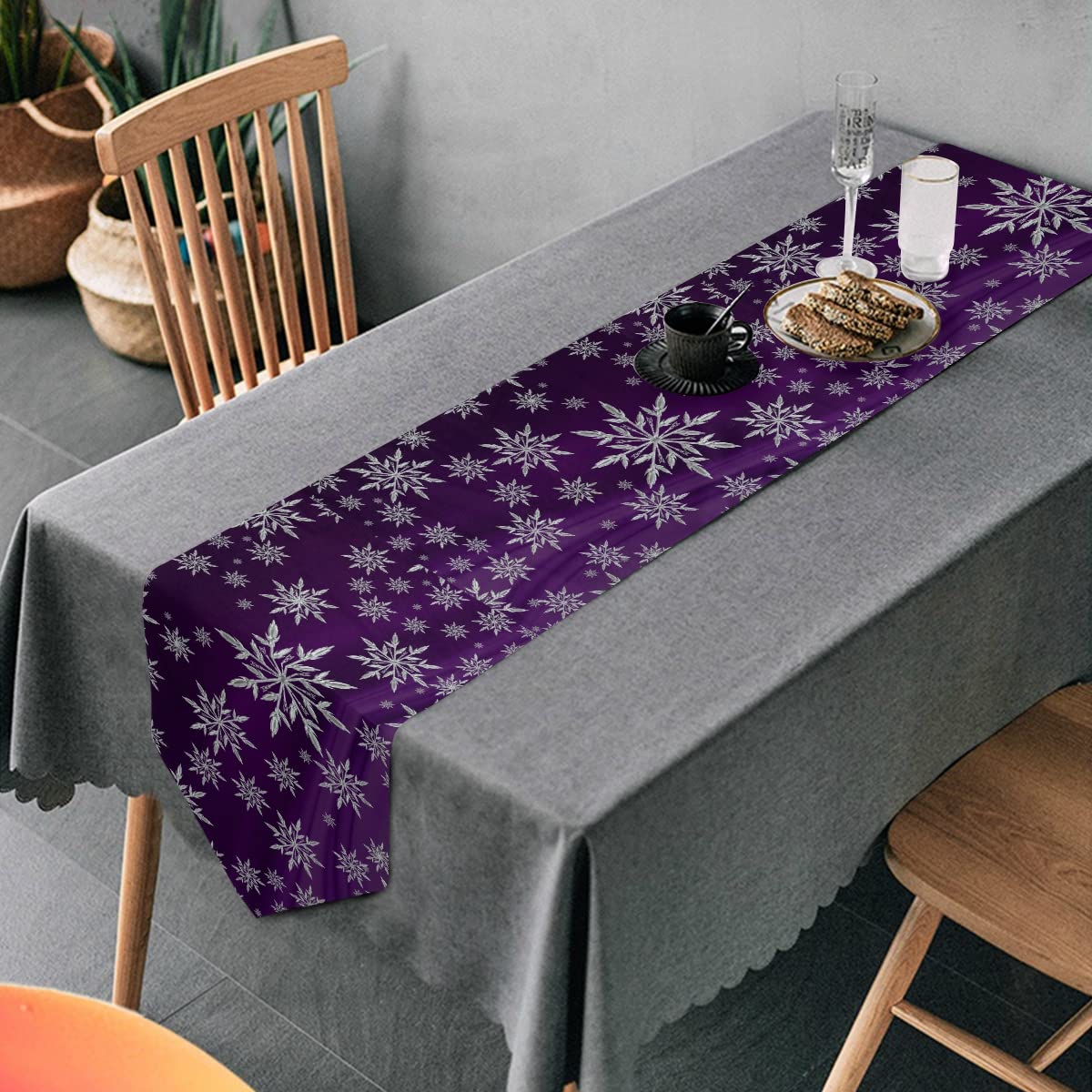 Snowflake Christmas Table Runner - 13x70 Inch Purple Holiday Dining Table Decor for Winter & New Year Celebrations | Perfect for Festive Kitchen Decorations, Christmas Dinner Parties & Seasonal Home Styling