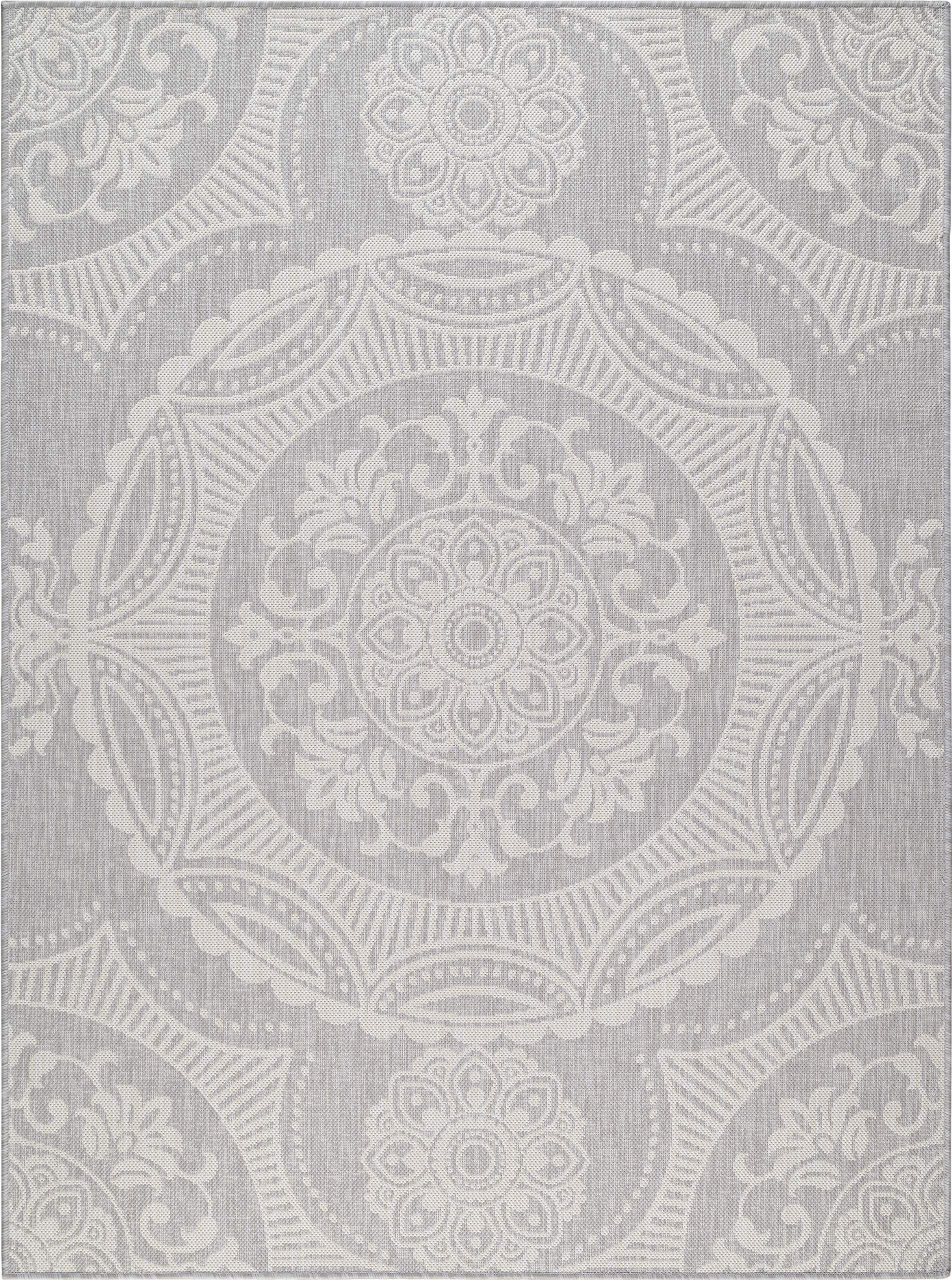 Beverly Rug Waikiki 6x9 Indoor Outdoor Washable Area Rug - Water Resistant Grey & White Medallion Design for Patio, Deck, Porch, Garden, Poolside | Perfect for Outdoor Entertaining & High Traffic Areas