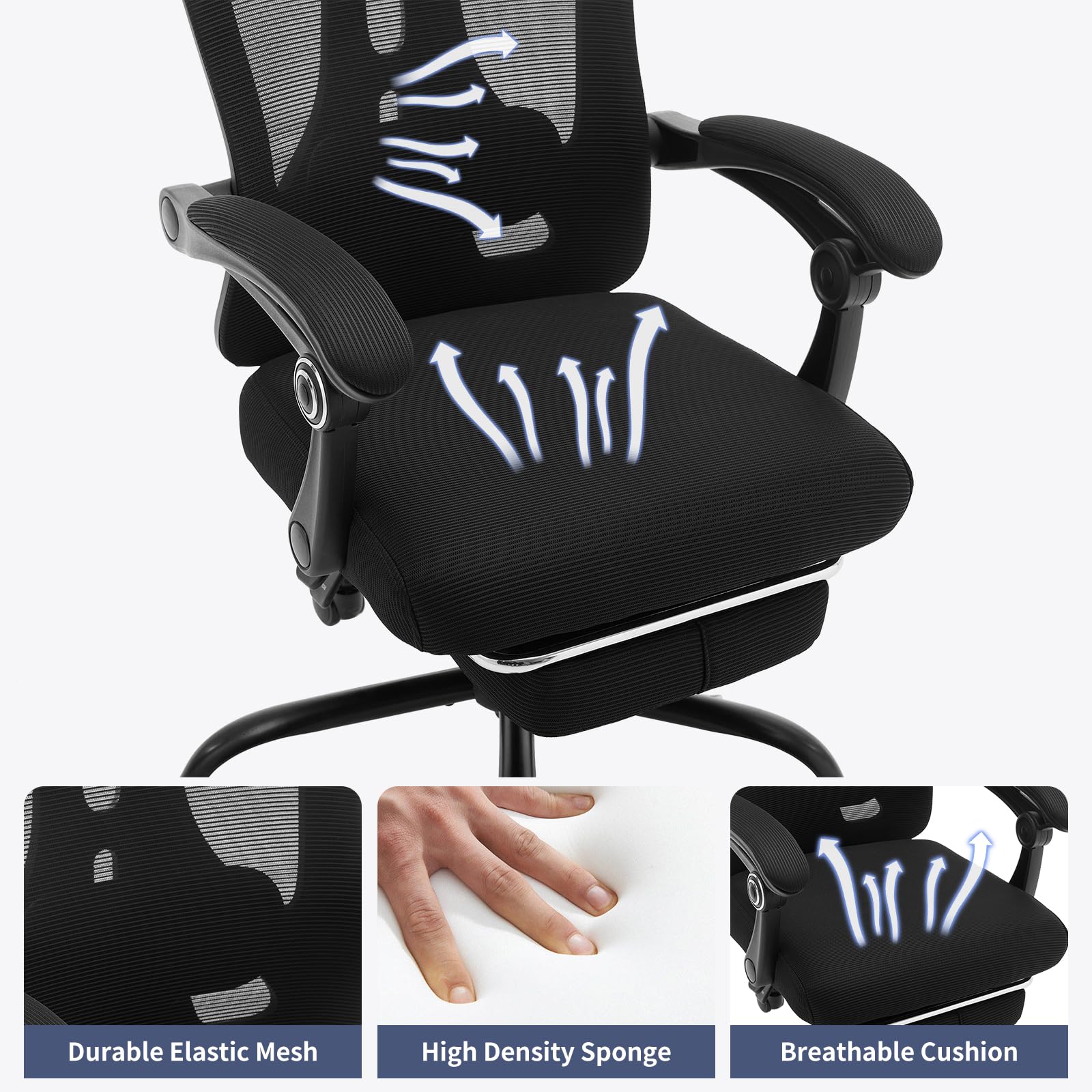 Ergonomic Office Chair with Adjustable Lumbar Support & Footrest - High Back Mesh Computer Chair with Headrest, 360° Swivel Executive Task Chair (Black) - Perfect for Home Office, Gaming & Workspaces