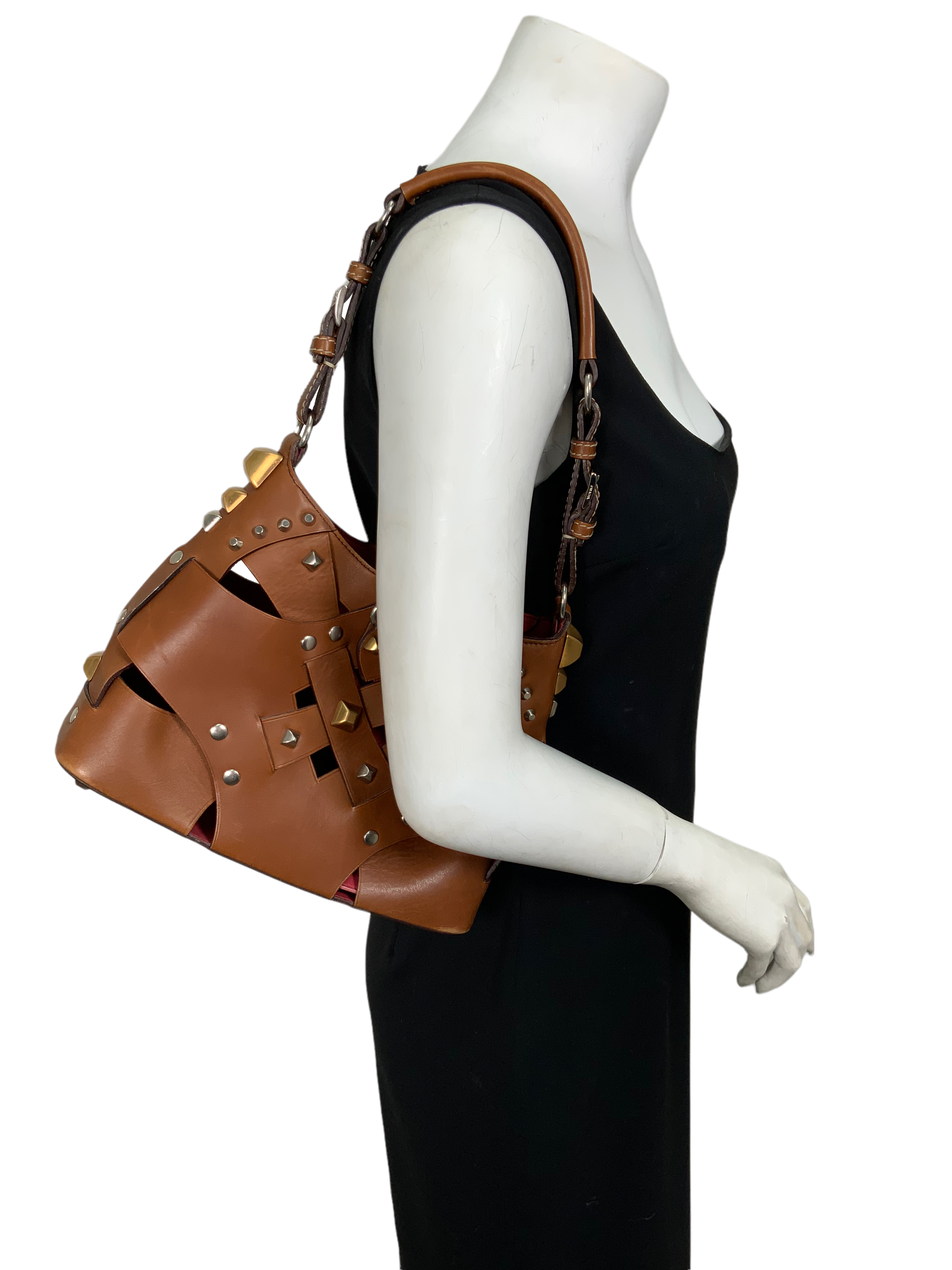 Prada Leather Woven Studded Lattice Shoulder Bag for Women | Luxury Designer Crossbody Purse | Perfect for Work, Party & Evening Events
