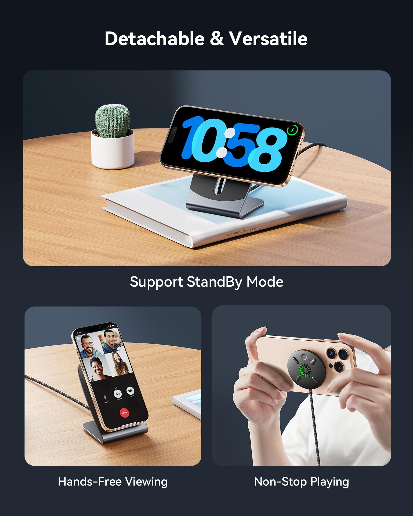 INIU Magnetic Wireless Charger Stand - Qi2 Certified 15W Fast Charging Station with Cooling Fan for iPhone 16/15/14/13/12 & AirPods Pro/4/3 (Includes Adapter) | Perfect for Bedside, Office & Travel Charging