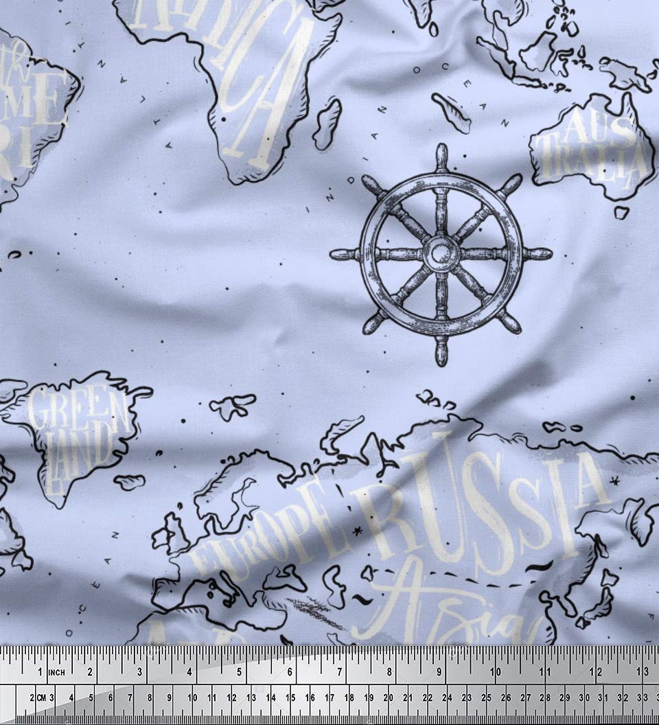 Soimoi 100% Cotton Voile Fabric - Blue Nautical Lighthouse & Compass Map Print - 42 Inch Wide - Sold by The Yard - Perfect for Dresses, Curtains, Quilting & DIY Craft Projects