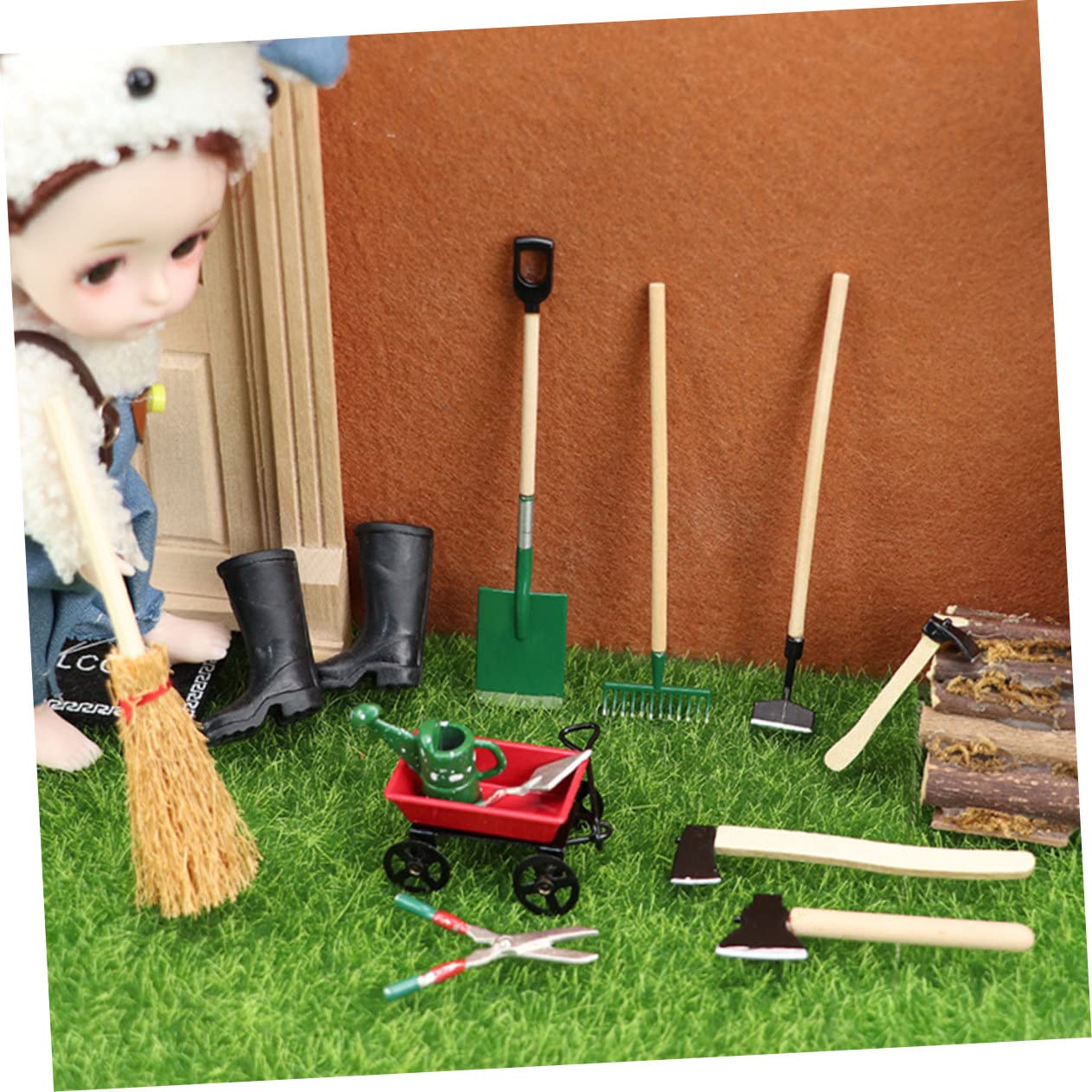 Miniature Gardening Tools Set - Dollhouse Garden Accessories with Wheelbarrow, Watering Can & Shovels | Perfect for Mini Fairy Gardens, DIY Terrariums & Dollhouse Landscaping Projects