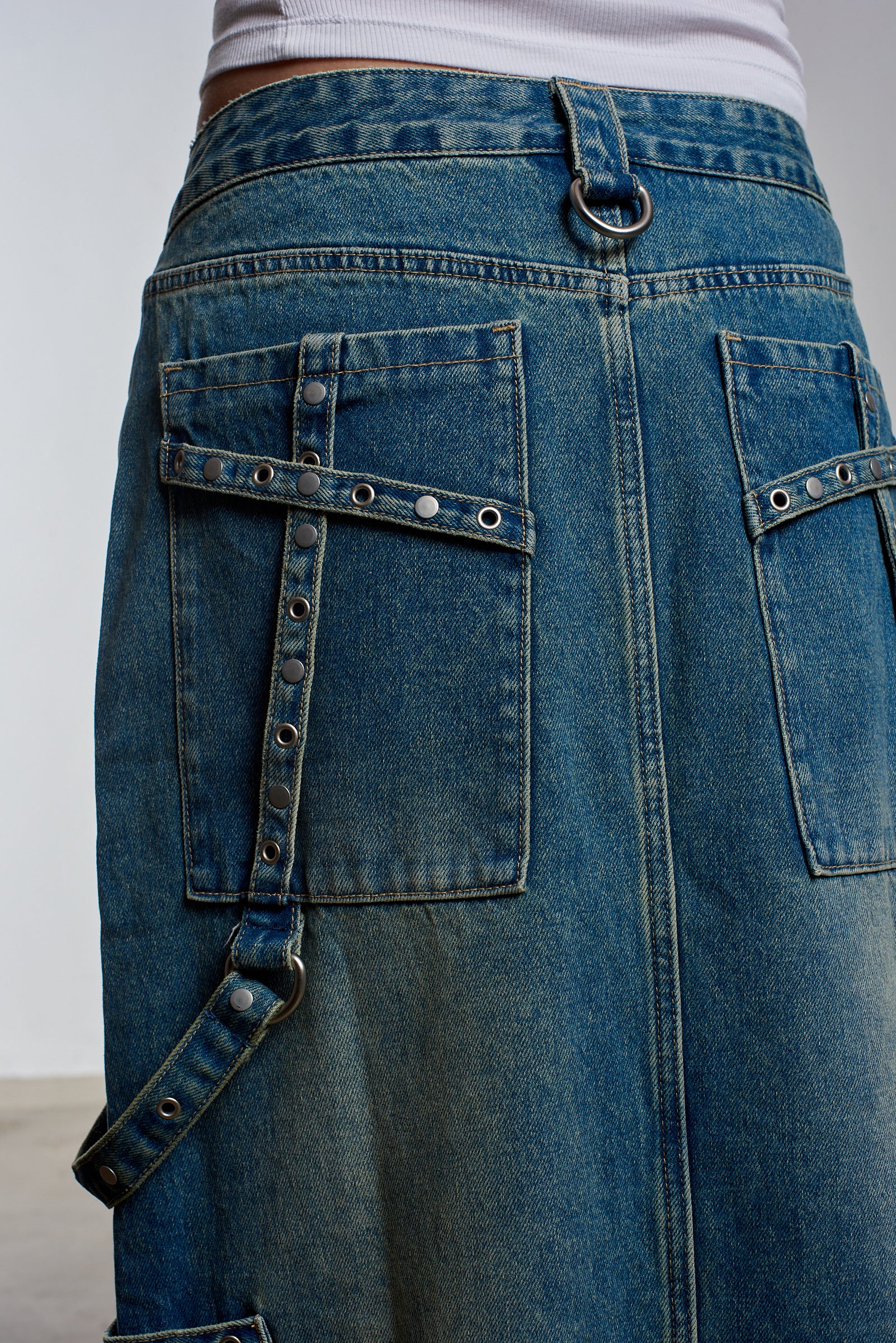 Sexy Blue Denim Midi Skirt for Women - High Waist A-Line Vintage Style Bondage Skirt - Perfect for Date Night, Club Wear & Gothic Fashion
