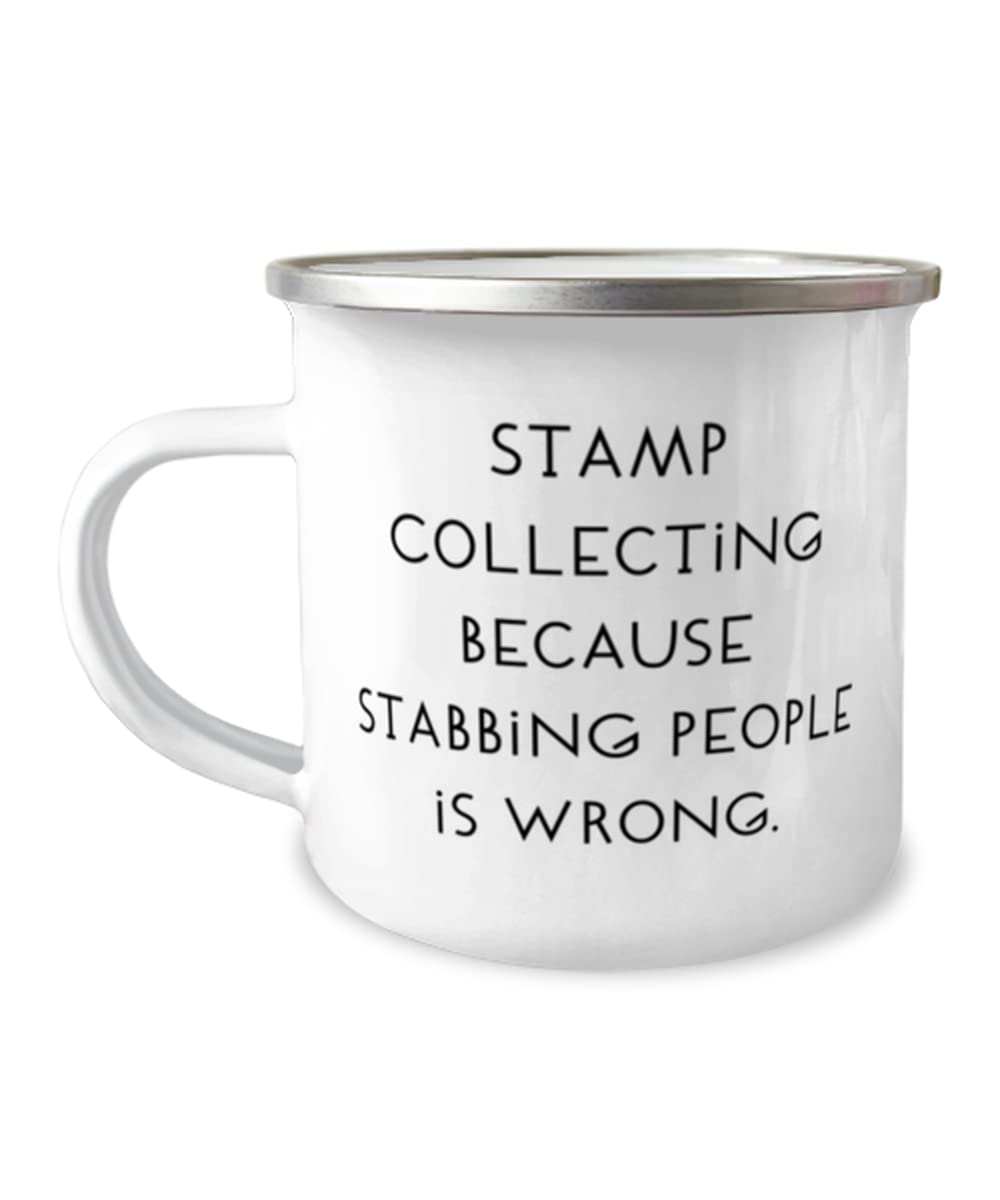 Premium Stamp Collecting Gifts for Men & Women - 12oz Insulated Camping Mug with Funny 'Collect Stamps Not Trouble' Design - Perfect for Outdoor Adventures, Office Use & Collector Gifts