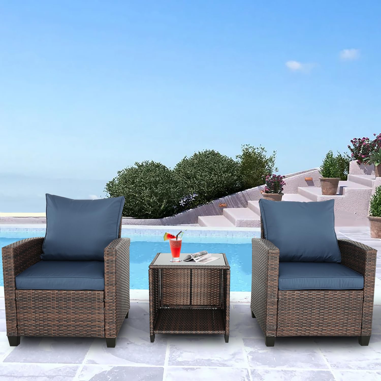 3-Piece Patio Furniture Set, PE Rattan Wicker Outdoor Sofa with Washable Cushions & Tempered Glass Table - Perfect for Balcony, Garden, Poolside & Backyard (Brown & Navy Blue) | Weather-Resistant Outdoor Lounge Set for Relaxing & Entertaining