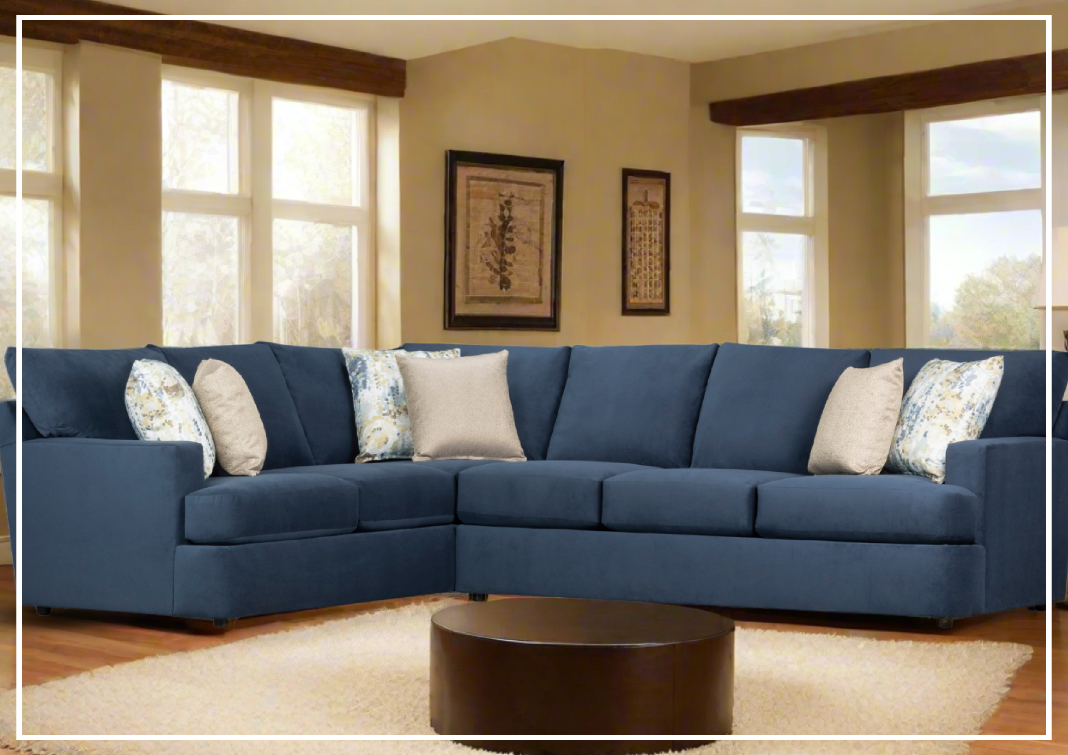Klaussner Orion 2-Piece L-Shaped Fabric Sectional Sofa in Blue - Modern Living Room Furniture for Small Spaces, Apartment & Home Theater Seating